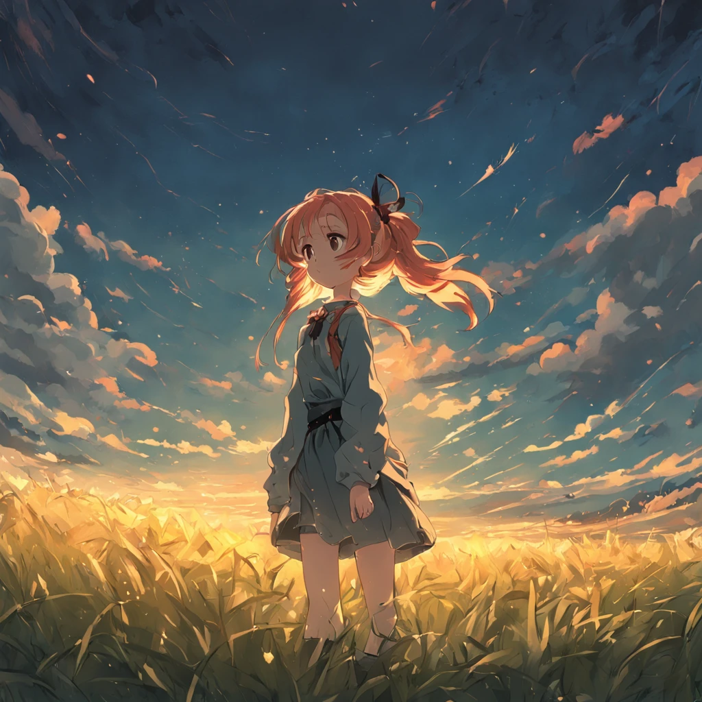 Nine girls with pigtails stand on the endless grassland