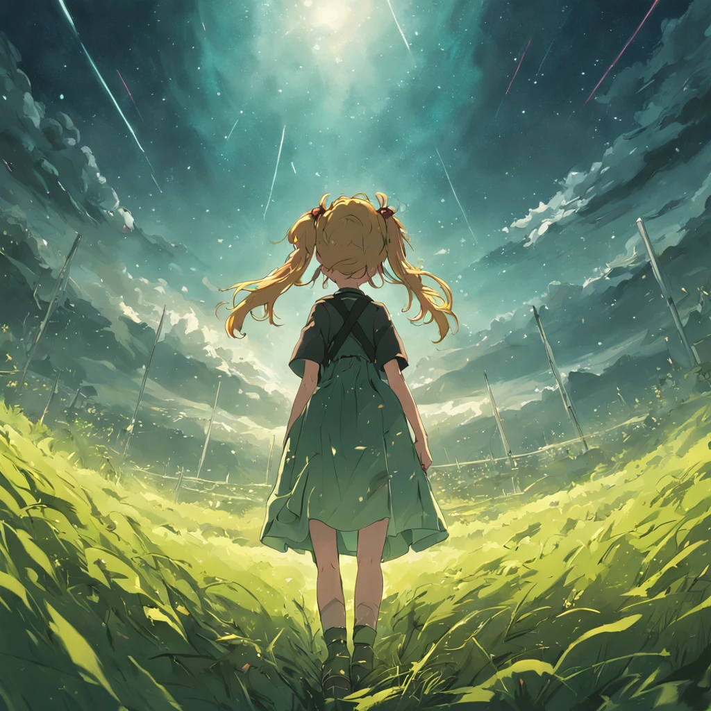 Nine girls with pigtails stand on the endless grassland