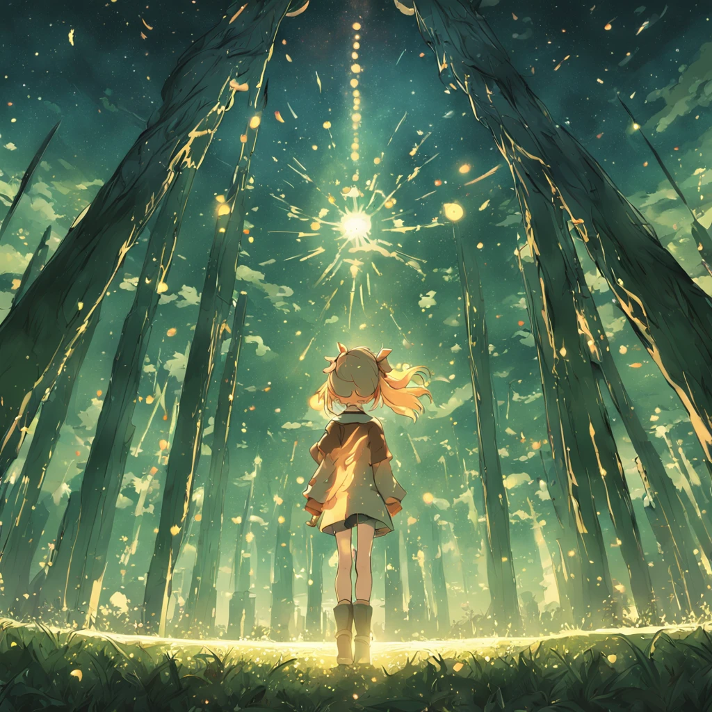 Nine girls with pigtails stand on the endless grassland