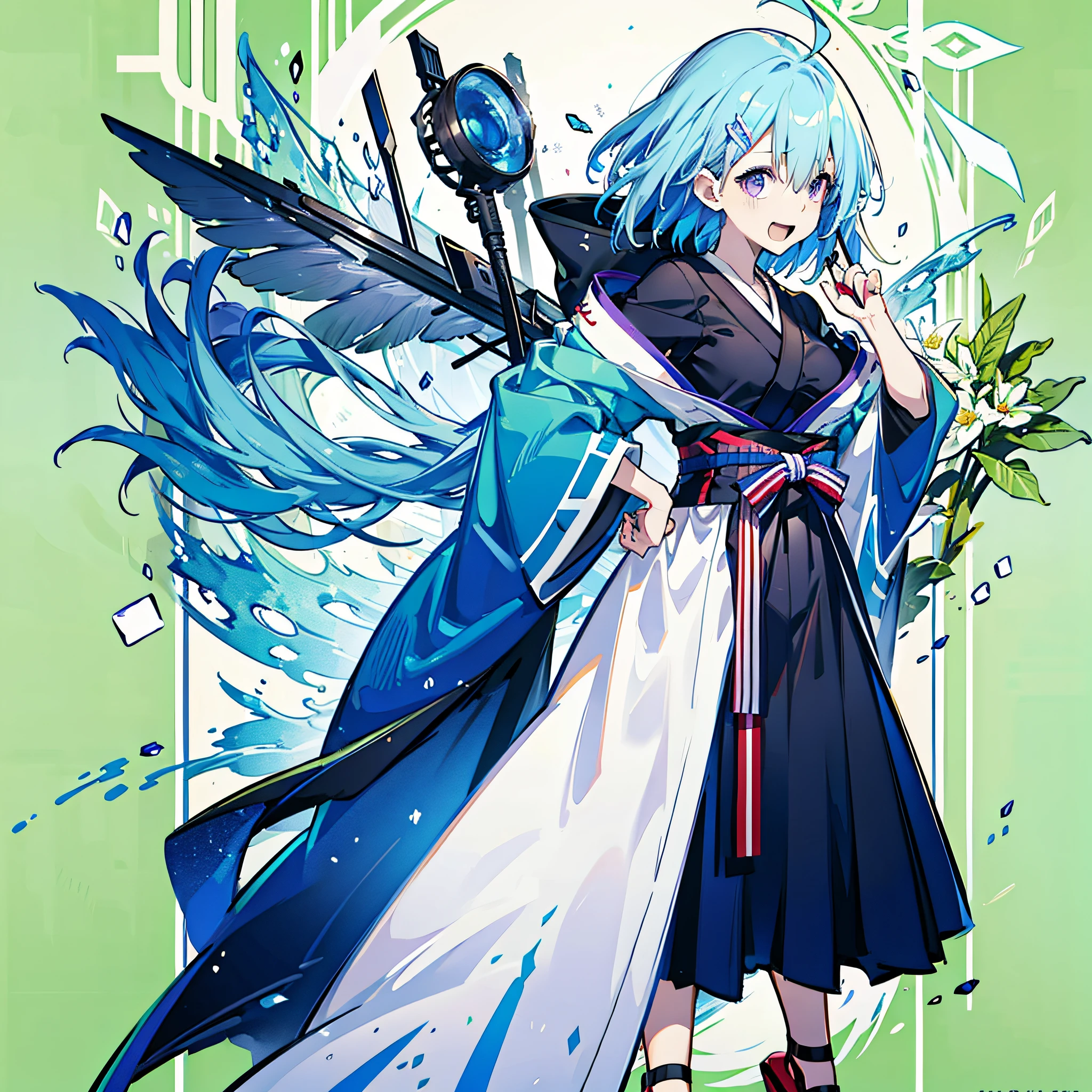 {best quality}, {{masterpiece}}, {highres}, original, extremely detailed 8K,full body,solo,tachie, {{simple background}} ,{{1 }}, {{laugh}},short hair,hair between eyes,ahoge,blue hair,hairclippurple kimono,geta,hairclip,no breast,laugh,standing,hands on hip,ninja,