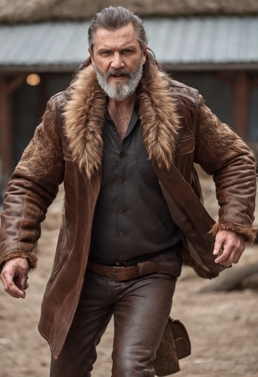 a hunter (a 50 years old man with a long beard , holding an axe, all dressed with brown leather and brown furs, leather trousers, leather jacket) is fighting fiercely with a bear (a big animal with long teeth); high resolution, hyperdetailed, hyperealistic, sharp focus, photo realistic, intricate details,