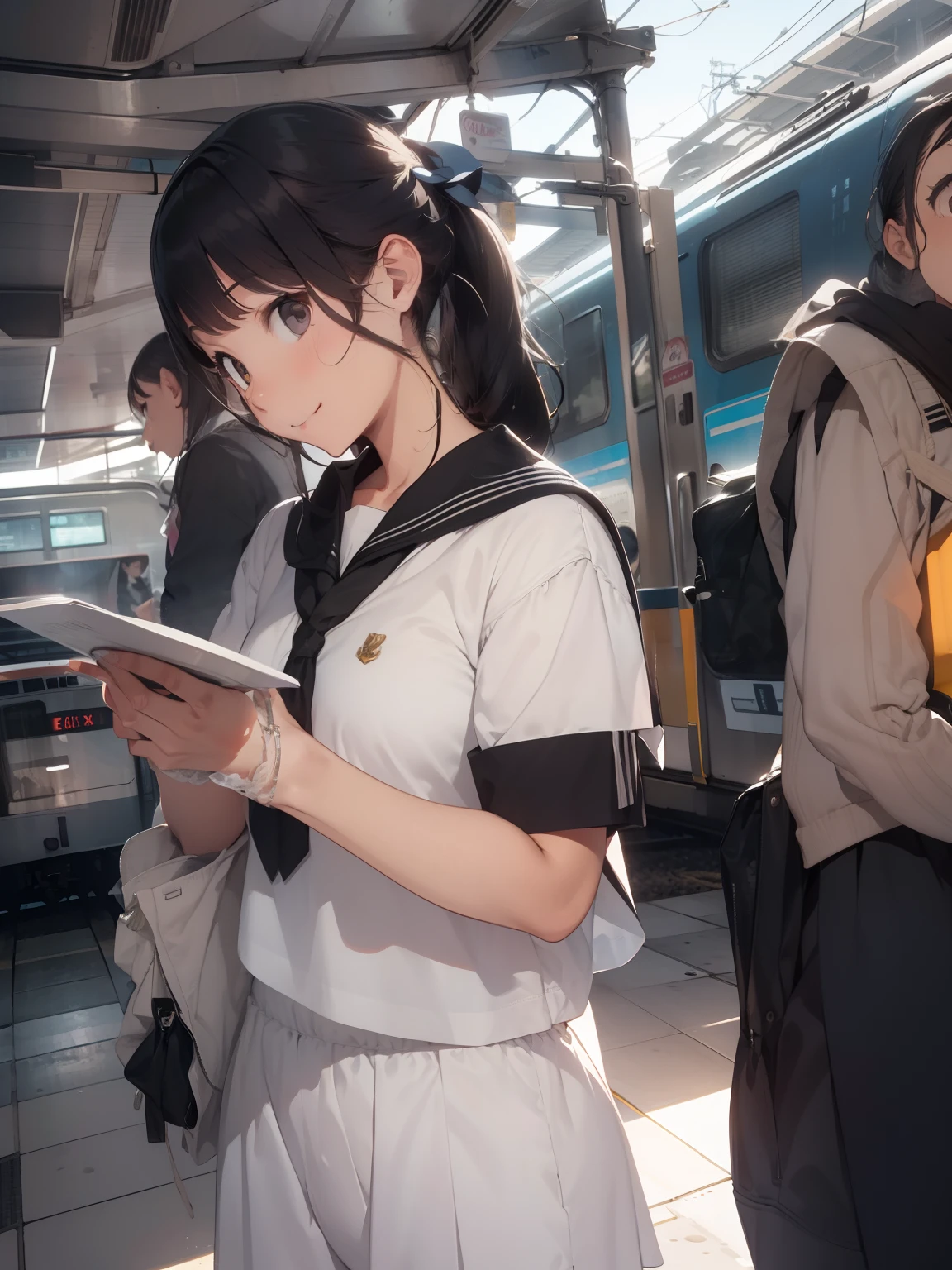 ultra-quality, ultla highres, Hyper Detailed, High contrast, superfine illustration, creative refinement, Summer sailor suit, Meet at the train station,Smile