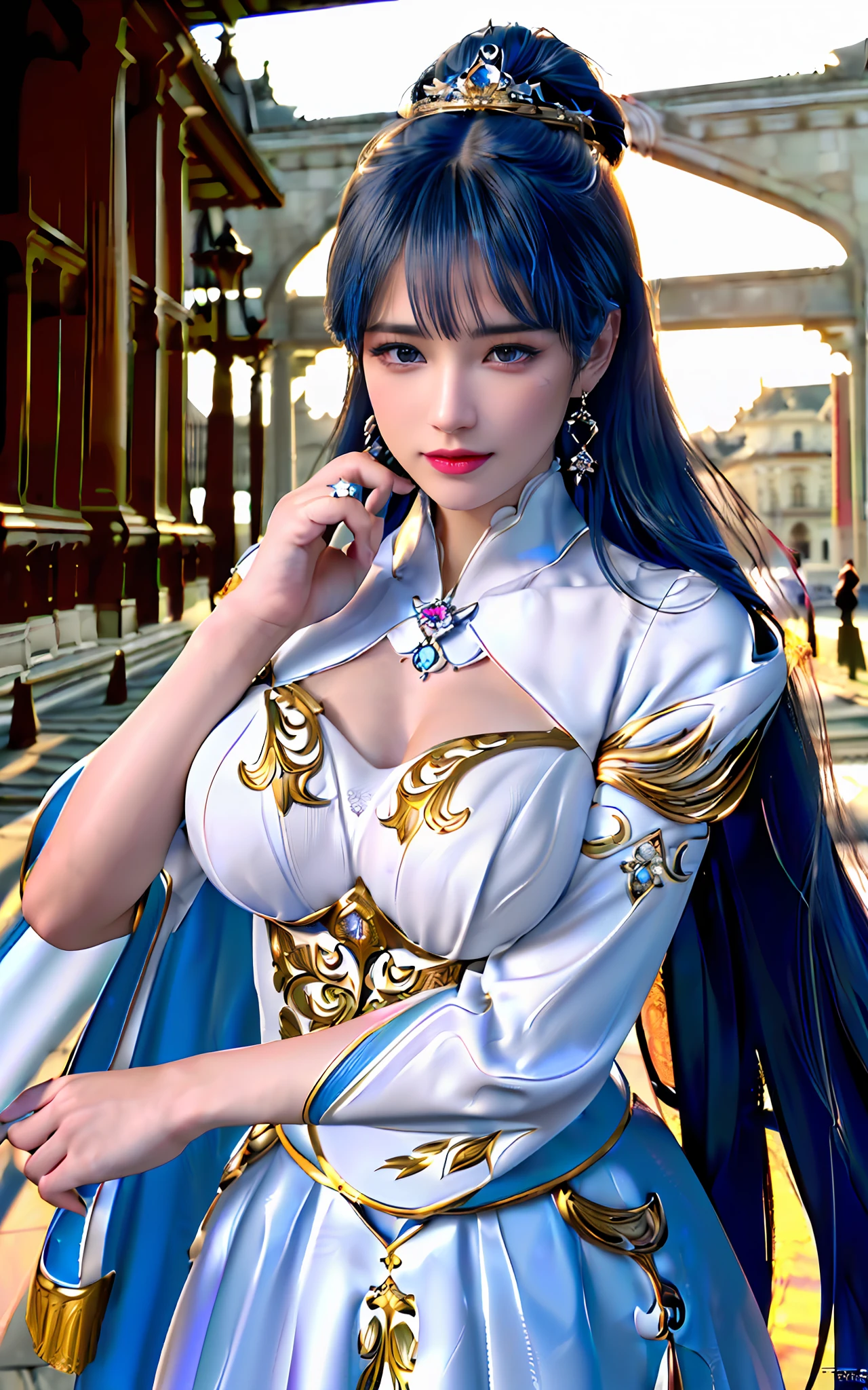 ((Realisticity: 1.2)), ((Realistic: 8K, Ultra HD)), ((Best resolution: 8K, Ultra HD)), ultra - detailed, Best quality,Masterpiece,A high resolution,CG, ((1 Girls super detailed,Super realistic) ) , ((Beautiful Queen, Ultra-realistic and ultra-detailed)),((White skin, Beautiful, smooth, Youthful, Ultra-realistic and ultra-detailed )), ((The face is super beautiful, White, Ultra-realistic and ultra-detailed ) ), Long hair, ((Ultra-realistic and ultra-detailed dress)), Solo, ((Ultra photo realsisim, ultra beautiful, Beautiful ultra fine jewelry)), ((Super beautiful crimson and golden yellow dress, Ultra-realistic and ultra-detailed )) , ((She is beautiful, Ultra photo realsisim, Ultra-fine diamond-filled earrings)), ((Her gorgeous diamond hairstyle, Ultra-realistic and ultra-detailed)), ((Nice upper body, ultra beautiful, Ultra-realistic and ultra-detailed) ), ((Medium breast: 1.5)), ((Ultra photo realsisim, Super beautiful, Ultra-thin chest)), ((The background of the Royal Palace is very majestic, Ultra-realistic and ultra-detailed)),((The hands and palms are super beautiful, ultra - detailed, Ultra photo realsisim)), ((Super beautiful, Super beautiful, Ultra-realistic and ultra-detailed bun)), ((Super beautiful , Ultra-realistic and ultra-detailed blue hair)), candid, Photo, high resolution, 8K , Bokeh,