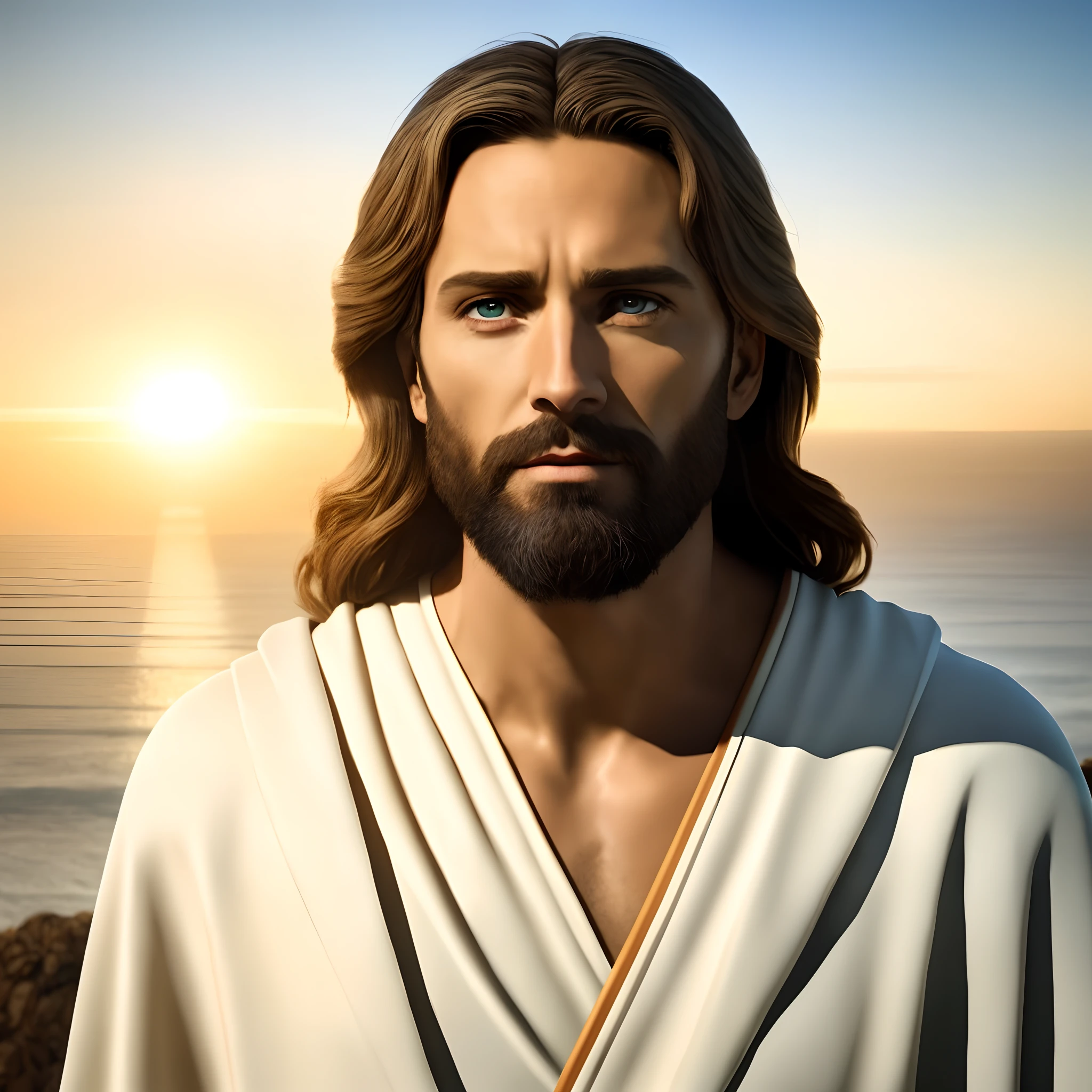 jesus standing on a cliff looking at the camera with a sunset in the background, jesus christ, portrait of jesus christ, jesus, jesus face, jesus of nazareth, greg olsen, dressed like jesus christ, jesus christ in mass effect, the lord and savior, gigachad jesus, tron legacy jesus christ, nicodemus, god looking at me, tron legacy jesus