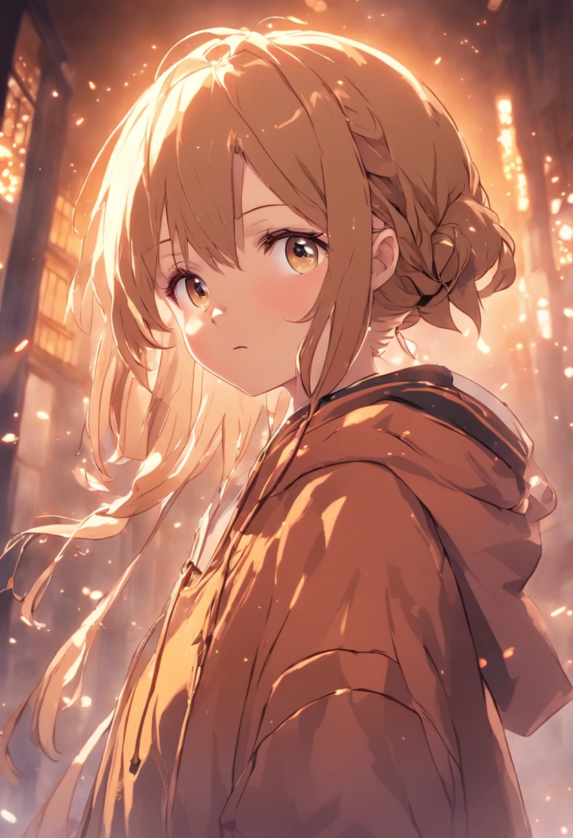 Golden gentle eyes、Girl with shortcut outside,There are braids and ribbons above the ears、Light brown hair、Wear a hoodie over a Y-shirt、Thin ribbon at chest,、schools