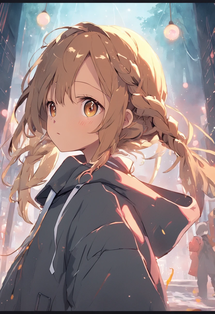 Golden gentle eyes、Girl with shortcut outside，There are braids and ribbons above the ears、Light brown hair、Wear a hoodie over a Y-shirt、Thin ribbon at chest,、schools，The upper part of the body