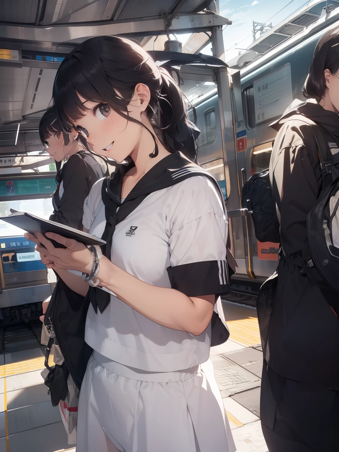 ultra-quality, ultla highres, Hyper Detailed, High contrast, superfine illustration, creative refinement, Summer sailor suit, Meet at the train station,Smile