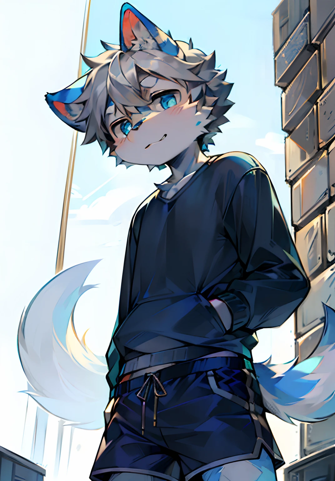 eyes with brightness, in a panoramic view, Character Focus Solo, shaggy, Furry male cat, Blue-white fur for men, blue color eyes, Gray hair(The long），Wear blue shorts and shorts，CasualClothing，Young style，height of one meter seven，Handsome， has a tail，