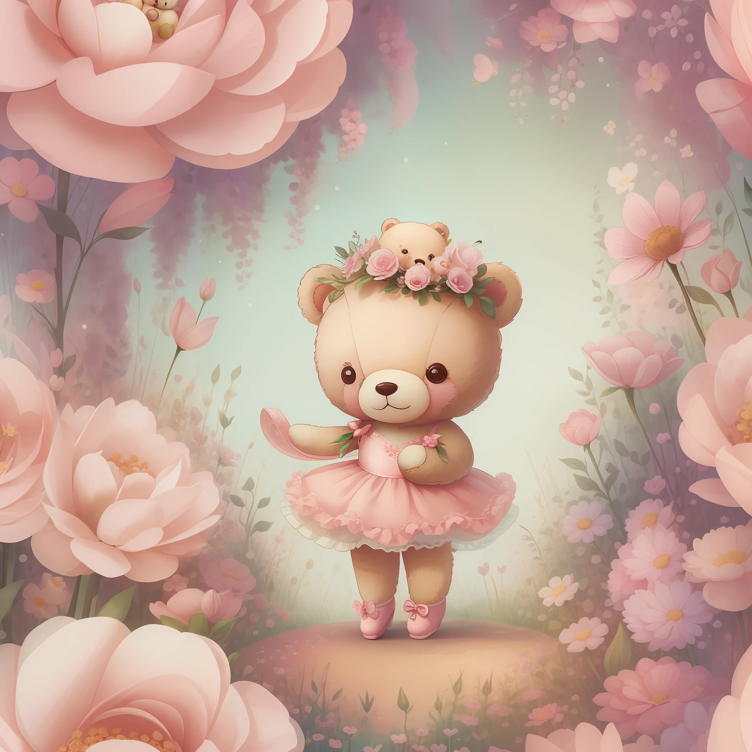An adorable illustration of a teddy bear wearing a pink ballerina dress and a flower on her head. The bear is standing in a garden, creating an enchanting and captivating scene. The art conveys a “kawaii” style and was created by talented artist Anna Dittmann, with vectorized details for a charming finish.