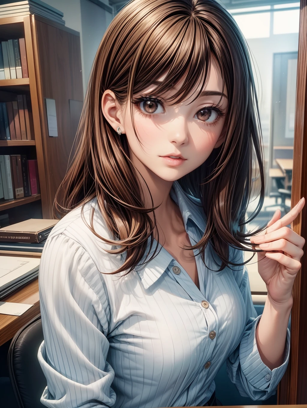 Best Quality, masutepiece, beautiful mature women、Beautiful face、Strong-minded woman、Office Suits、brown haired、small brown eyes、Medium Hair、40 years、s Office、Raise your hand a little in greeting、Small eyes