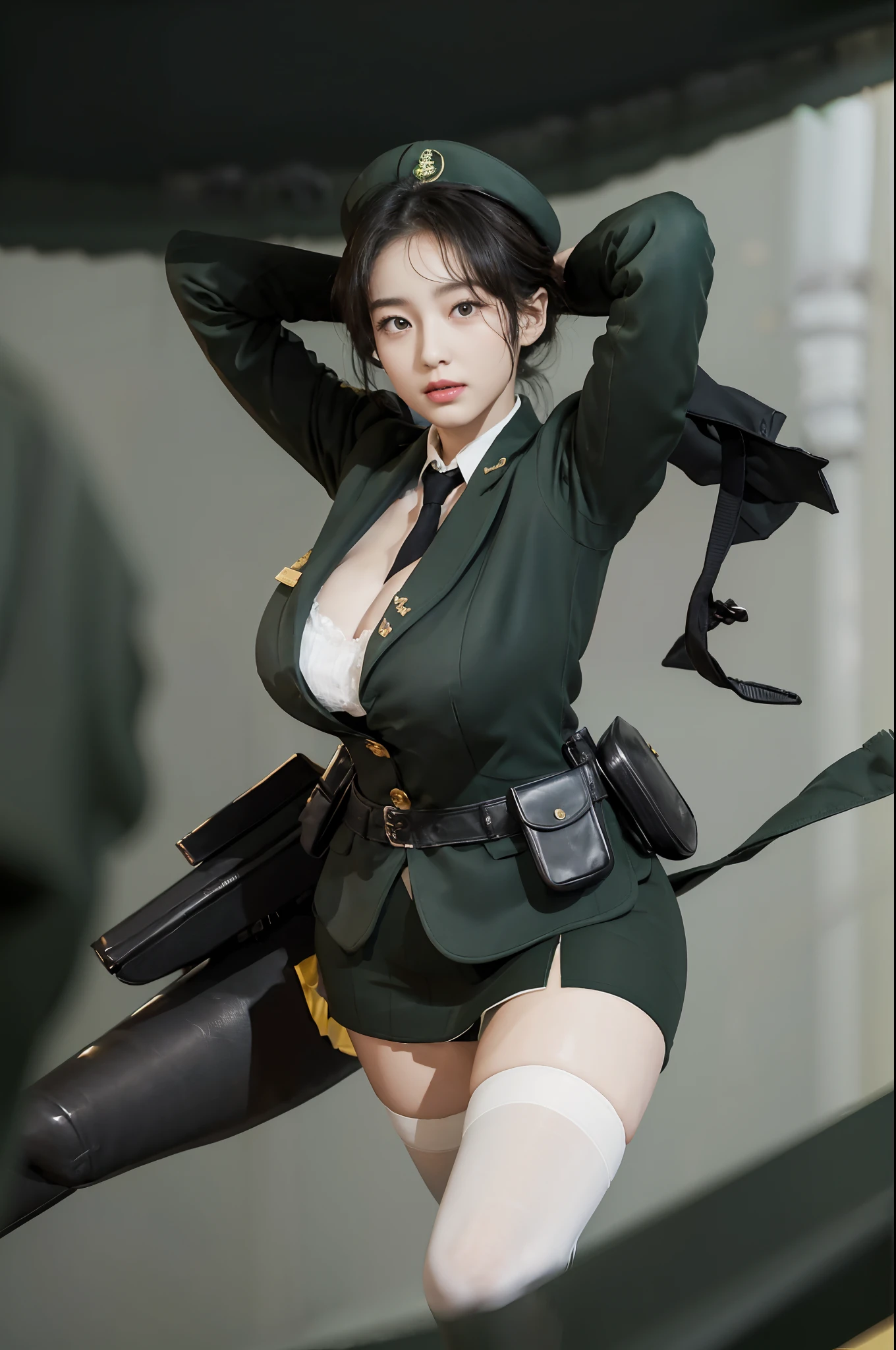 Very detailed CG unity 8K wallpaper，（tmasterpiece），（best qualtiy），（ultra - detailed），（Ultra photo realsisim），（best character detail：1.36），Nikon D750 f / 1.4 55mm，profesional lighting， physically-based renderingt, 1girll, Female soldier，army suit，Green military uniform，Long-sleeved military uniform，Lined white shirt，Dark green tie，(Army green skirt)，military hat，Black hair，Tie your hair up，the golden ratio,[:(com rosto detalhado:1.2):0.2]:,PureErosFace_V1, broad shoulder,(gigantic cleavage breasts:1.25),(big assa:1.75)，Wide buttock ，Bare legged，Plump legs，The white panties under the army-green skirt were slightly exposed，whitestocking，without wearing shoes，Soaked with sweat，red flags，In the square，bright sun，Bright smile，White teeth，lighting，Contre-Jour，