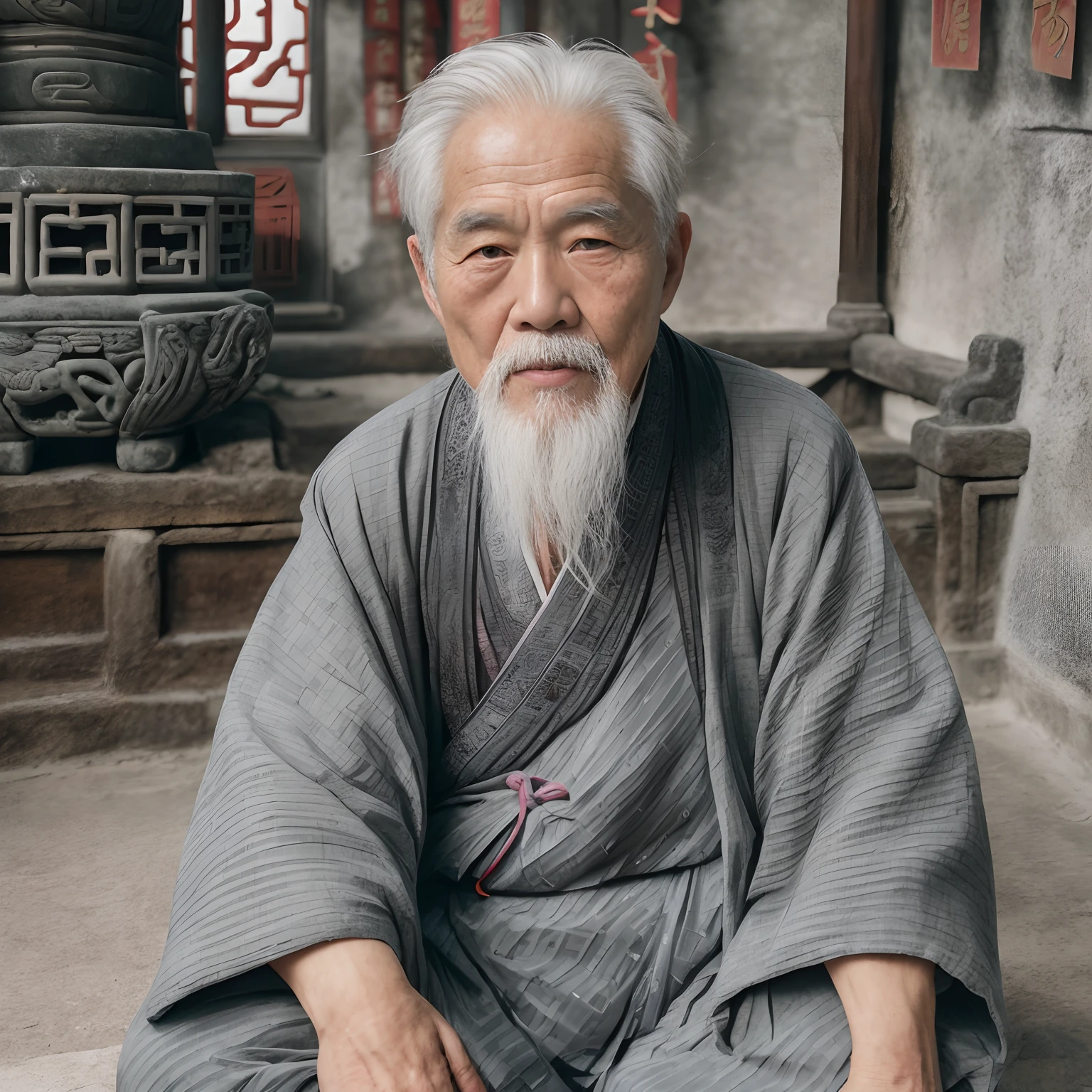 A gray-haired old man, Dressed in gray ancient Chinese clothing, Kind-hearted, 80 years old,Middle of the lens,Little white beard,Ancient,
Indoors, Chinese Taoist Temple, Ancient chinese temple,sitting cross-legged,Ancient Chinese architecture,
Medium shot, Best quality,photographed,