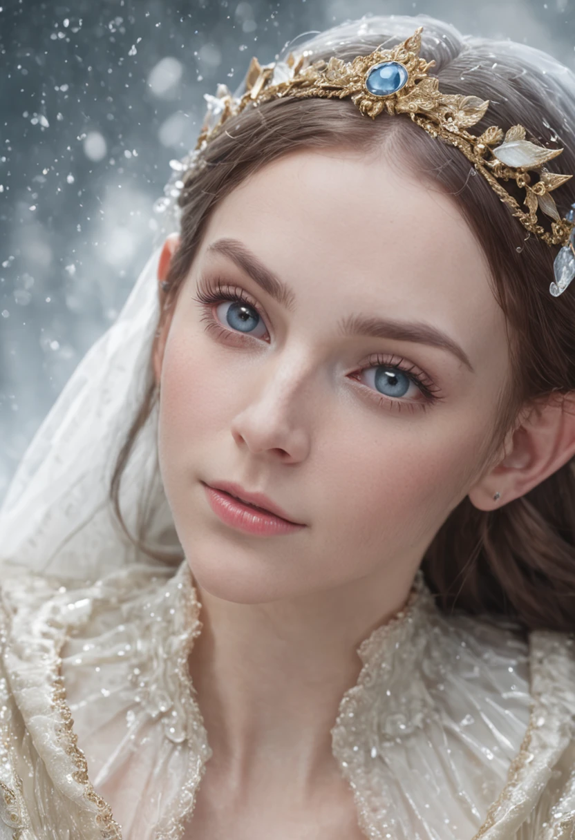 Elf Princess，Extremely detailed CG graphics，Best Picture Quality，A high resolution，Fantastic and beautiful scene，Floating posture，A girl in a white fairy robe，Blue eyes，Pure face，Droplets of water sprinkled in the sky，Clouds，twilight，A wide landscape，Watercolor-like picture。