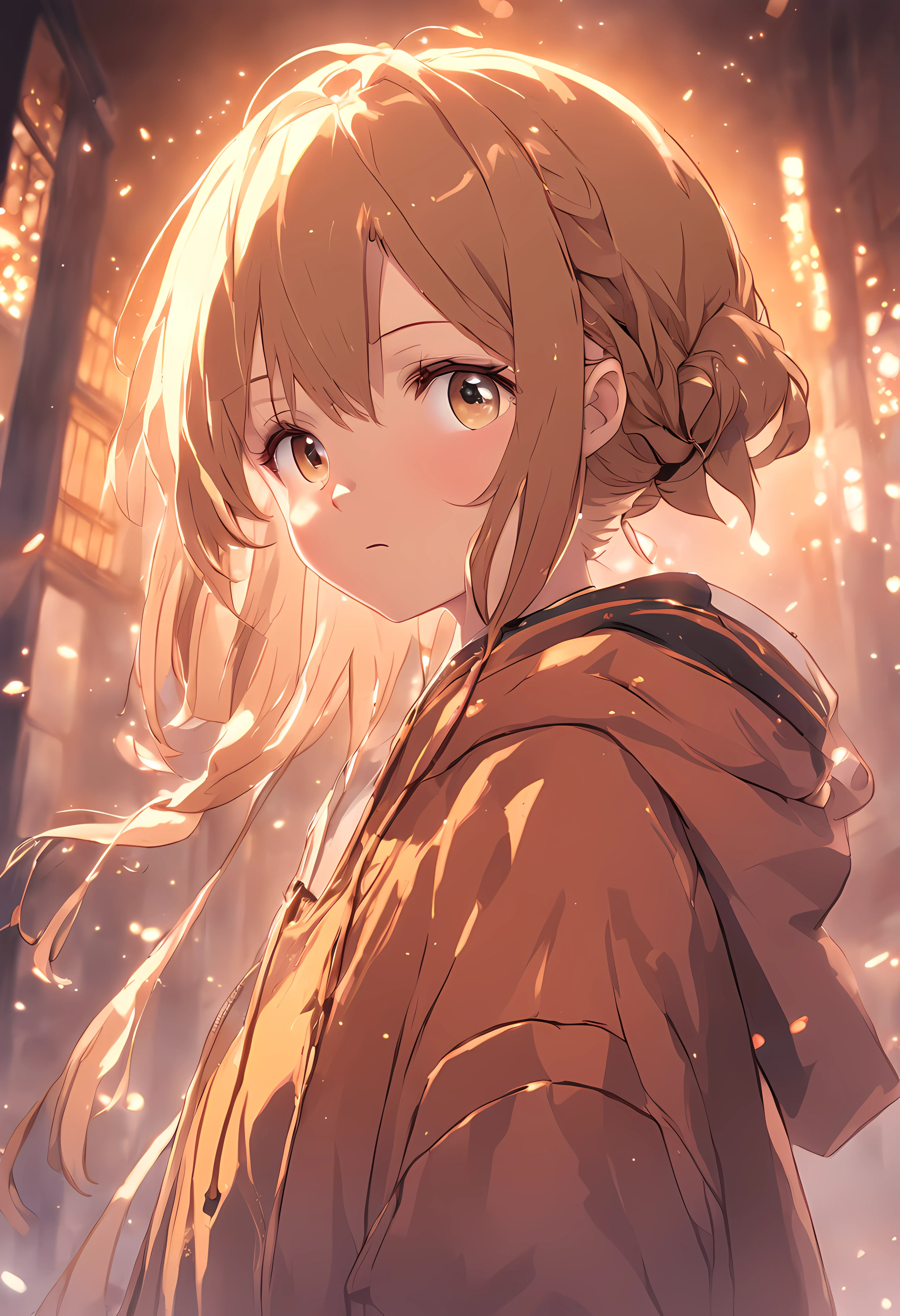 Golden gentle eyes、Girl with shortcut outside，There are braids and ribbons above the ears、Light brown hair、Wear a hoodie over a Y-shirt、Thin ribbon at chest,、schools