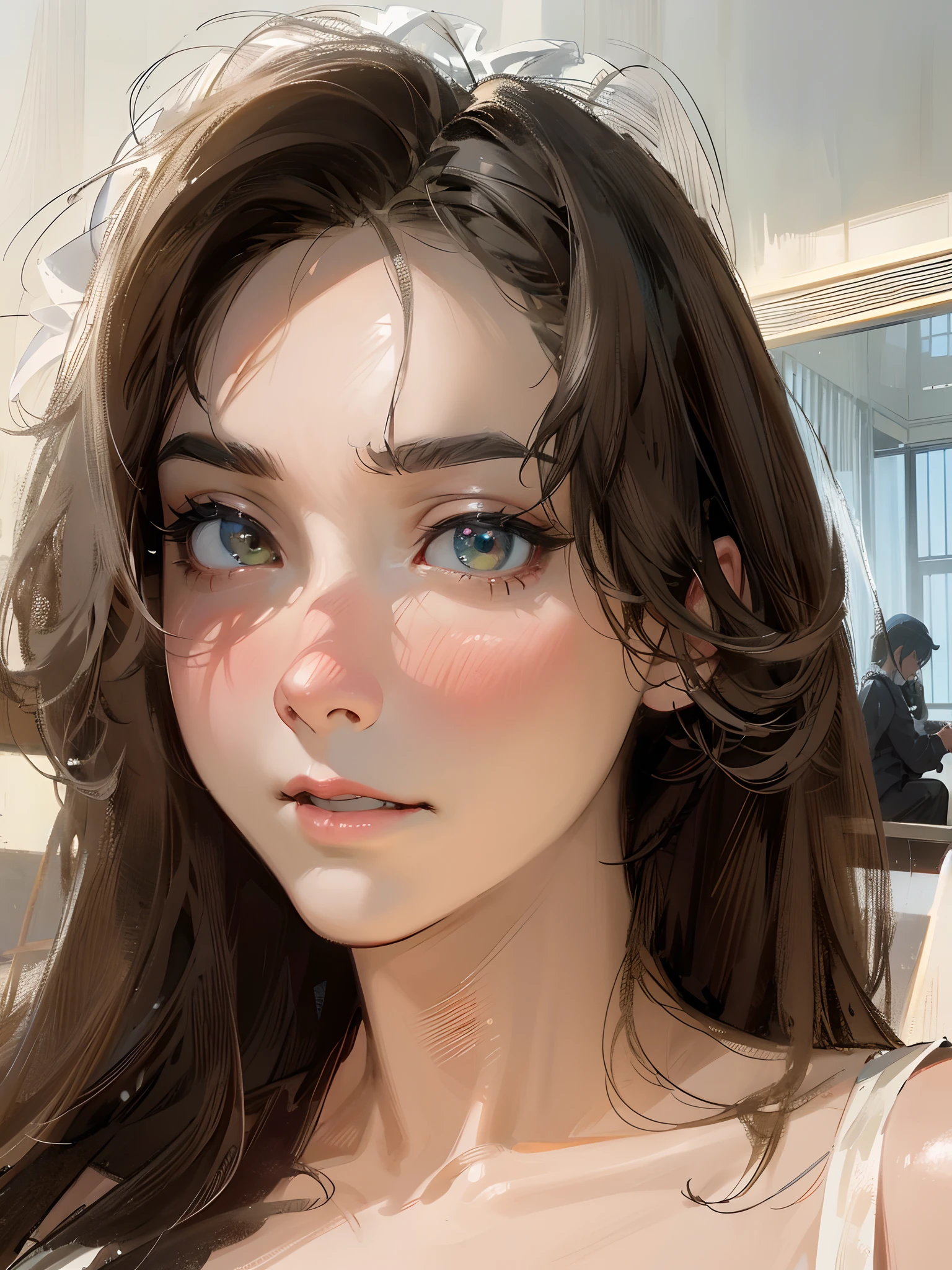 (Original Character、Unity 16K wallpaper, Masterpiece, Best quality, Ultra-detailed, Extremely detailed CG, Caustics, Cinematic lighting, Detailed, Beautiful detailed eyes, Solo), 超高分辨率, Fine skin、(Strong light)、(Sexy women)、maid, maid apronl, maid headdress,En plein air,Sunny day、Cowboy shot,Gray hair、Sit on the bench,Open Legs Wide,blush angry,Maid clothes