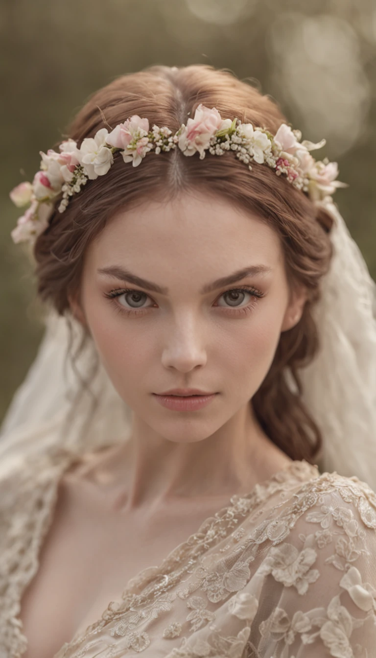 (Full body photograph of 1 white girl with freckles on her face and curly hair wedding dress with large transparent veil and pink dress + suave e delicado + cabelos loiros)+(Vestido longo em cores brilhantes, Luz brilhante, Cabelo loiro longo e liso + Olhos brilhantes e acolhedores)+(pink petals + Brisa suave + with blue sky and white clouds + Bosques verdes e floridos)，（upper body）