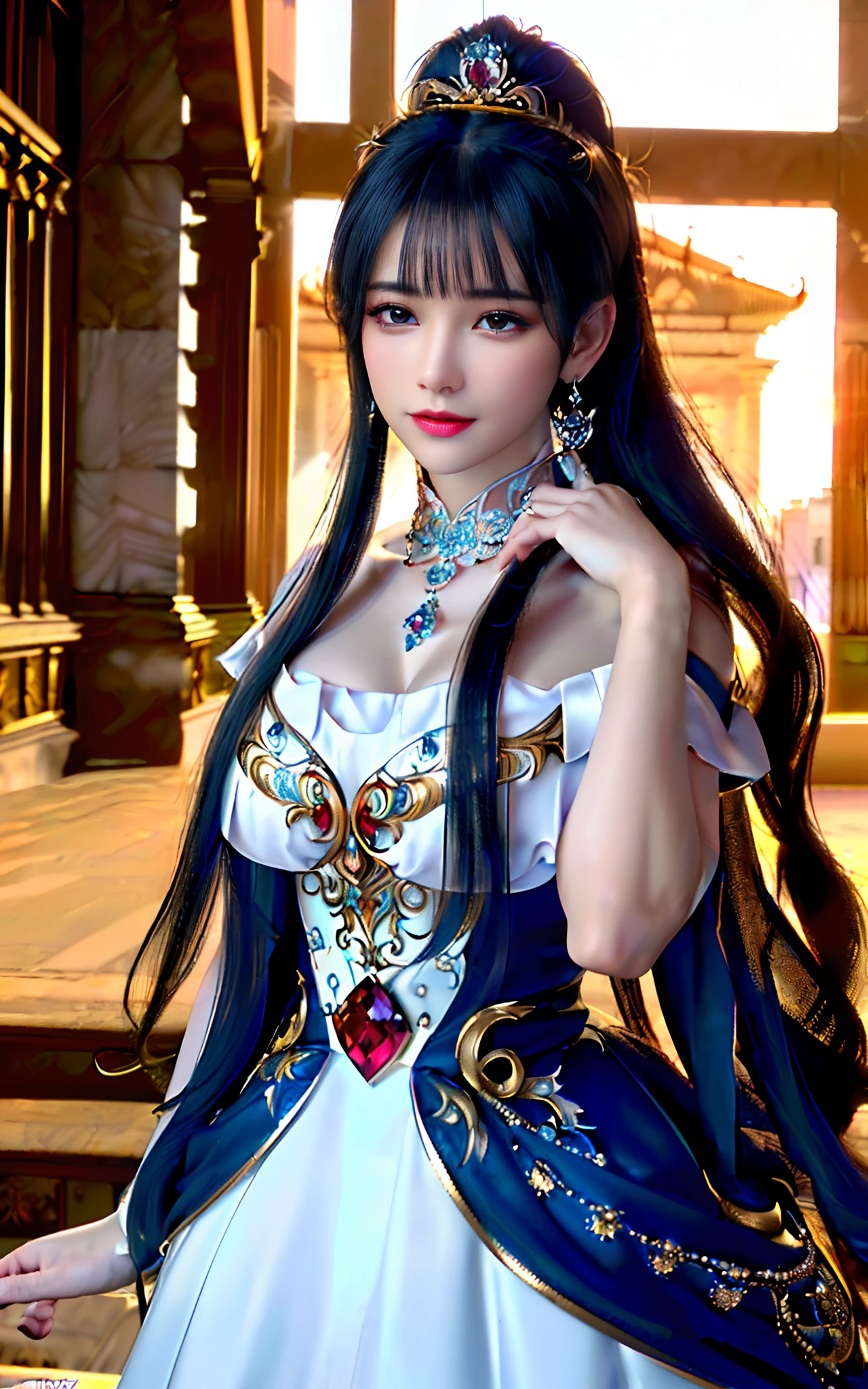 ((realisticity: 1.2)), ((best resolution: 8K UHD)), best quality,masterpiece,highres,cg,
((1 super detailed and super realistic girl)), ((very beautiful queen dazzling, super realistic, and super detailed)),((white skin, beautiful, smooth, youthful, super realistic and super detailed
)), long hair, ((super realistic and super detailed dress)), solo, ((super realistic, super beautiful, gorgeous and super detailed jewelry)), ((super beautiful, super realistic and super detailed dark blue and golden yellow dress)),
((super beautiful, super realistic, super detailed diamond filled earrings)),
((super beautiful, super realistic and super detailed diamond filled hair ornament)), ((super beautiful upper body, super beautiful, super realistic and super detailed)), ((big breasts: 2.5)),
((super grand, super realistic and super detailed royal palace backgroun))
((super beautiful, super beautiful, super realistic and super detailed hair bun)), ((super beautiful, super realistic and super detailed blue hair)),
candid, Photograph, high resolution, 8k,Bokeh,