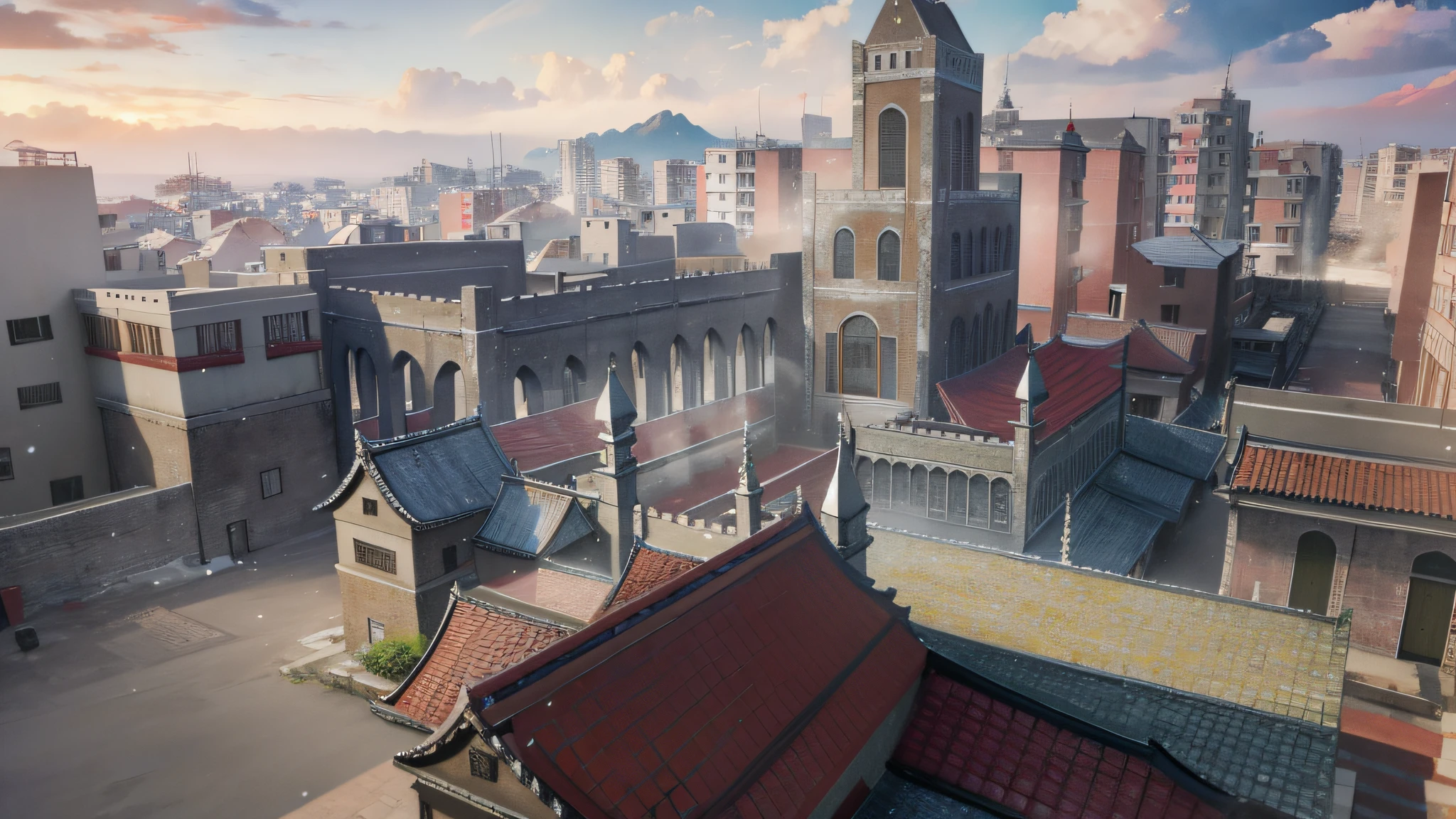 "Epic 4K scenes: An old city,Red tile house,High walls around the perimeter rise,(超高分辨率,realisticlying,best qualtiy,realisticlying),(8K,RAW photogr,best qualtiy,A masterpice),(photon maping,Radiance,physically-based renderingt,automatic white balance