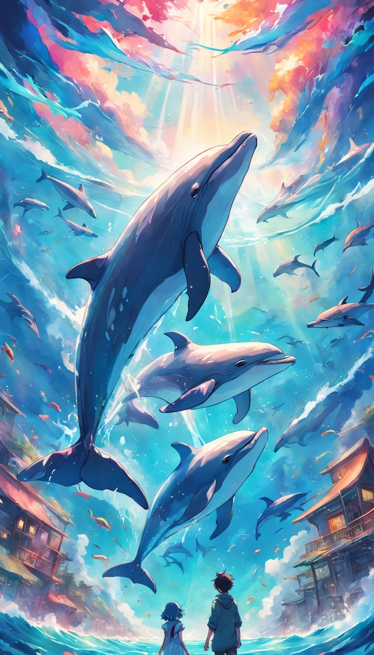 Painting of a pod of dolphins swimming in colorful ocean, Look up at the composition,sky whales, Inspired by Cyril Rolando, dreamy psychedelic anime, colorful anime movie background, A beautiful artwork illustration, author:Shitao, colorful concept art, Makoto Shinkai Cyril Rolando, In the style of Cyril Rolando, flying whale, Highly detailed watercolor 8K, highly detailed water colour 8 k,octane,Fine,Realistic,8K,Estilo de Makoto Shinkai( reasonable design, Clear lines, High sharpness,Best quality, Very detailed, Masterpiece, movie light effect, 4K )