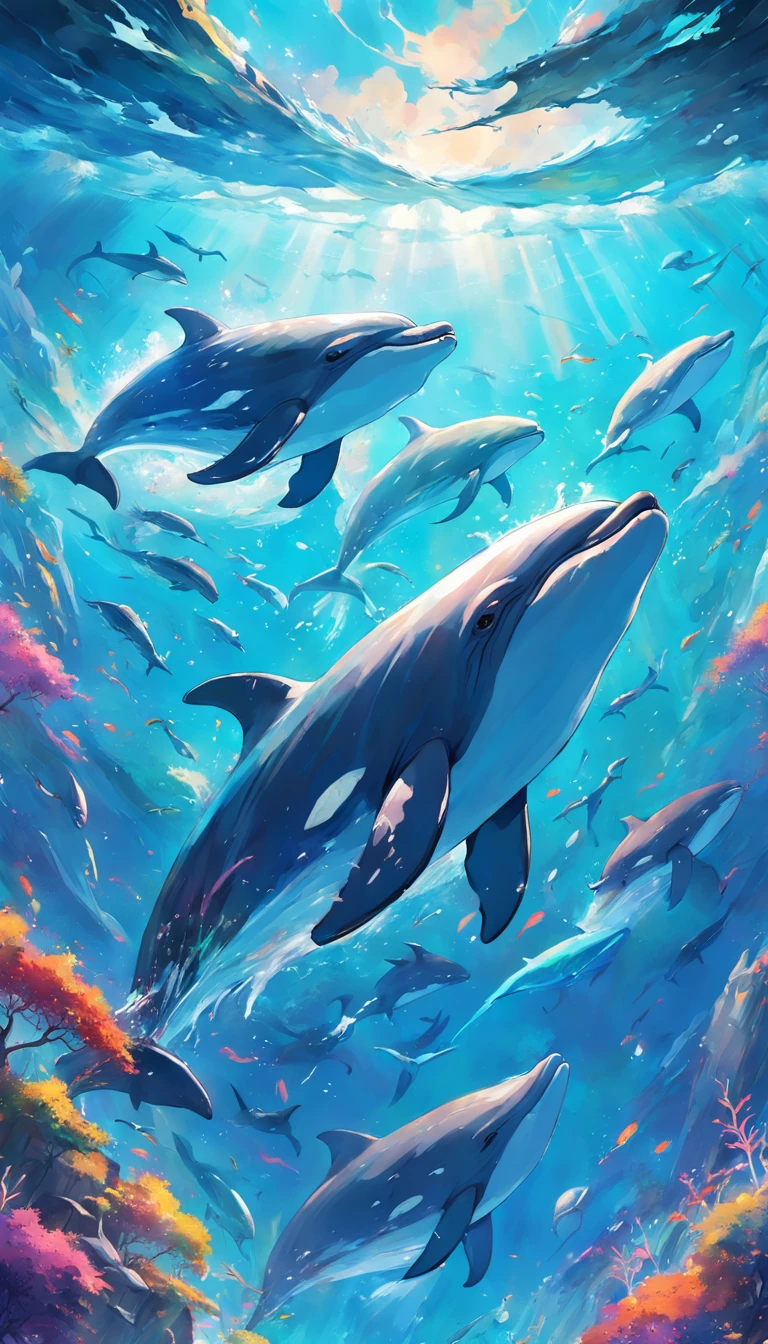 Painting of a flock of dolphins swimming in a colorful sea, Look up at the composition,sky whales, inspired by Cyril Rolando, dreamy psychedelic anime, colorful anime movie background, a beautiful artwork illustration, Authors:Sitao, colorful concept art, makoto shinkai cyril rolando, in style of cyril rolando, flying whales, High Definition Watercolor 8K, highly detailed watercolor 8 K,octane,Fine,Realistic,8K,Shinkai Makoto style( Reasonable design, Clear lines, High Sharpness,Best Quality, Very detailed, masutepiece, Movie Light Effects, 4K )