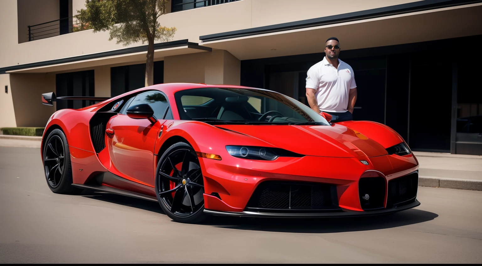 A gorgeous chubby young man stands in front of a luxury red sports car in front of a building, autor：Bernard DeAndrea, The is very detailed, Andrew Tate conduz a Bugatti, ferrari, porsche, autor：Stephen Dressett, Estilo Etienne-Louis Bulli, autor：Juliano Alves, autor：Simon Malmien, autor：Brian Thomas, ao sol, autor：Alison Debenham