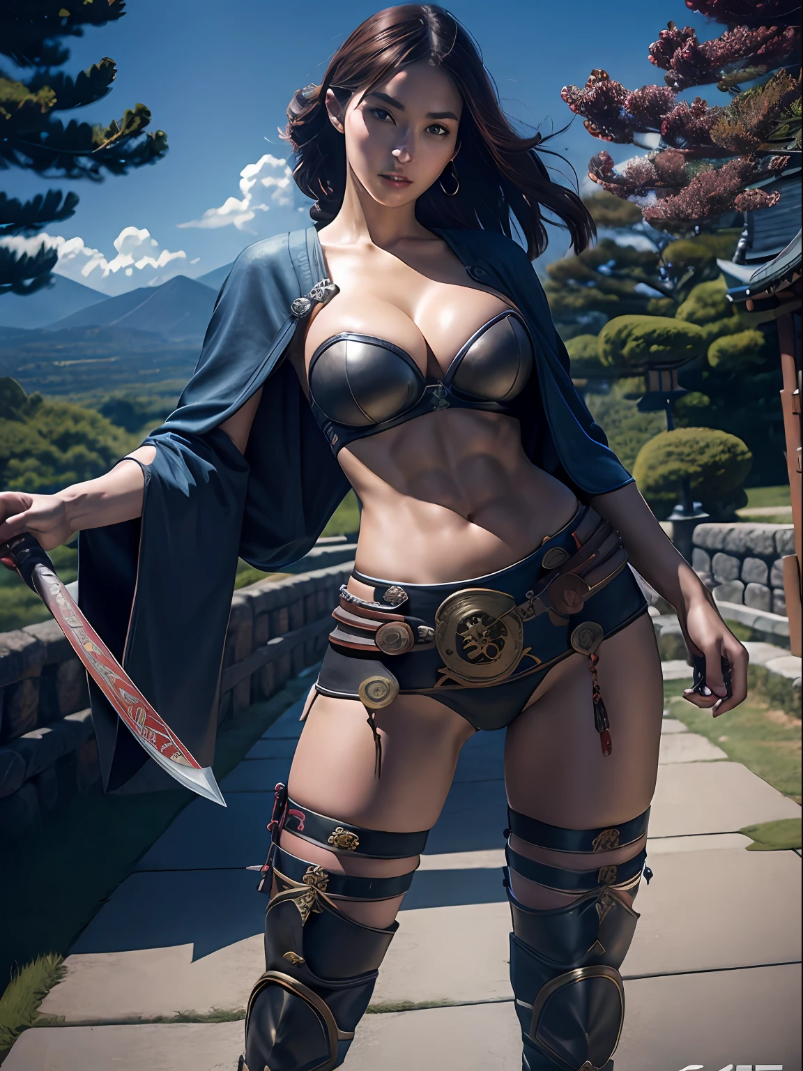 Split abs, large full breasts, Best Quality, masutepiece, 超A high resolution, (Photorealistic:1.4), arma, Detailed face, One girl, Sword weapons, cleavage, (Magic Circle:1.2), beautiful Girl, Full body, Japan castle town of the Edo period, Townscape of the Edo period, Samurai, Japan, Fantasy, High quality, ultra detailed in 4k, 8K, High resolution, fantasy coverart style, medieval times, Sharp Focus, depth of fields.