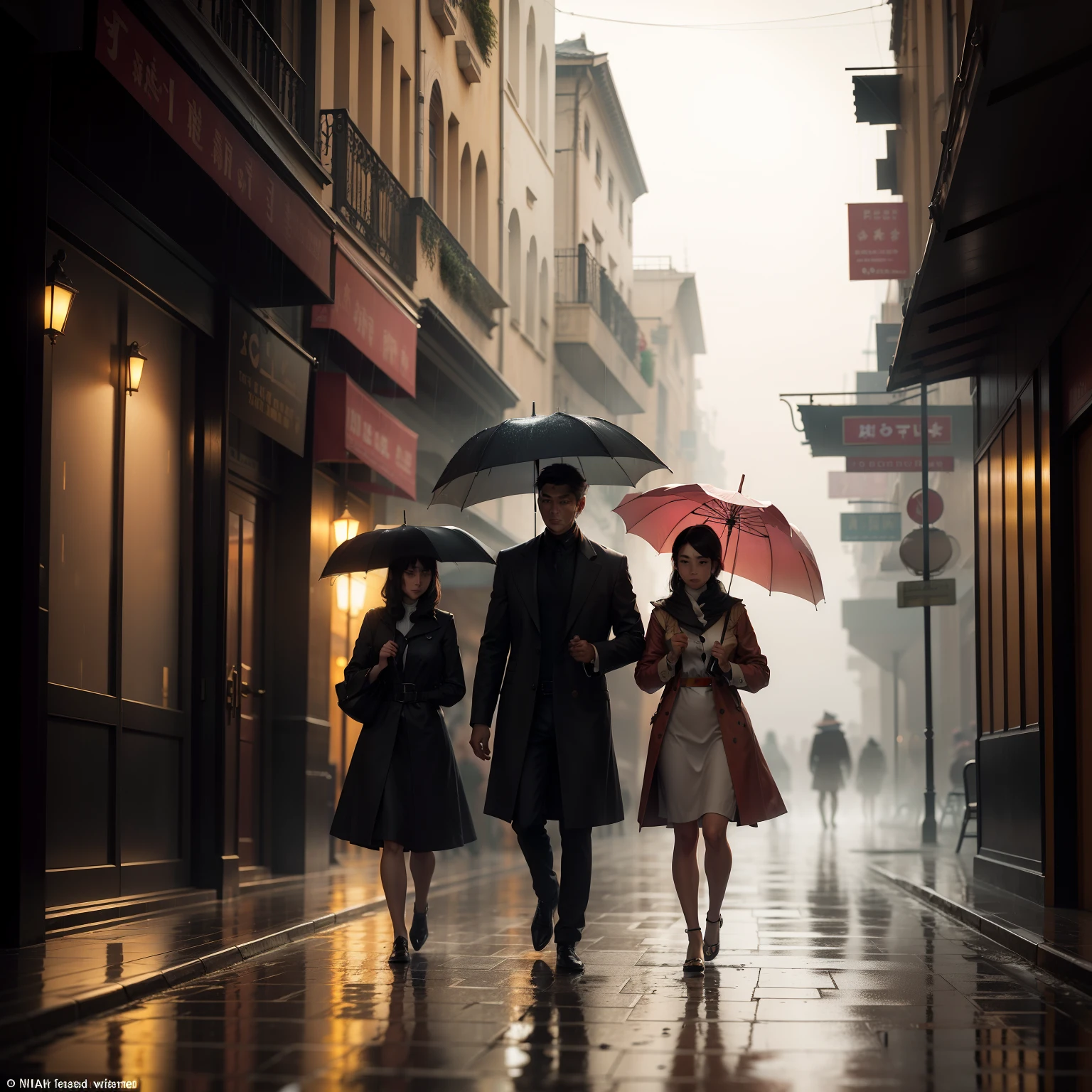Since then, the smoke and rain have fallen into the golden city,One person holds an umbrella and two people walk
