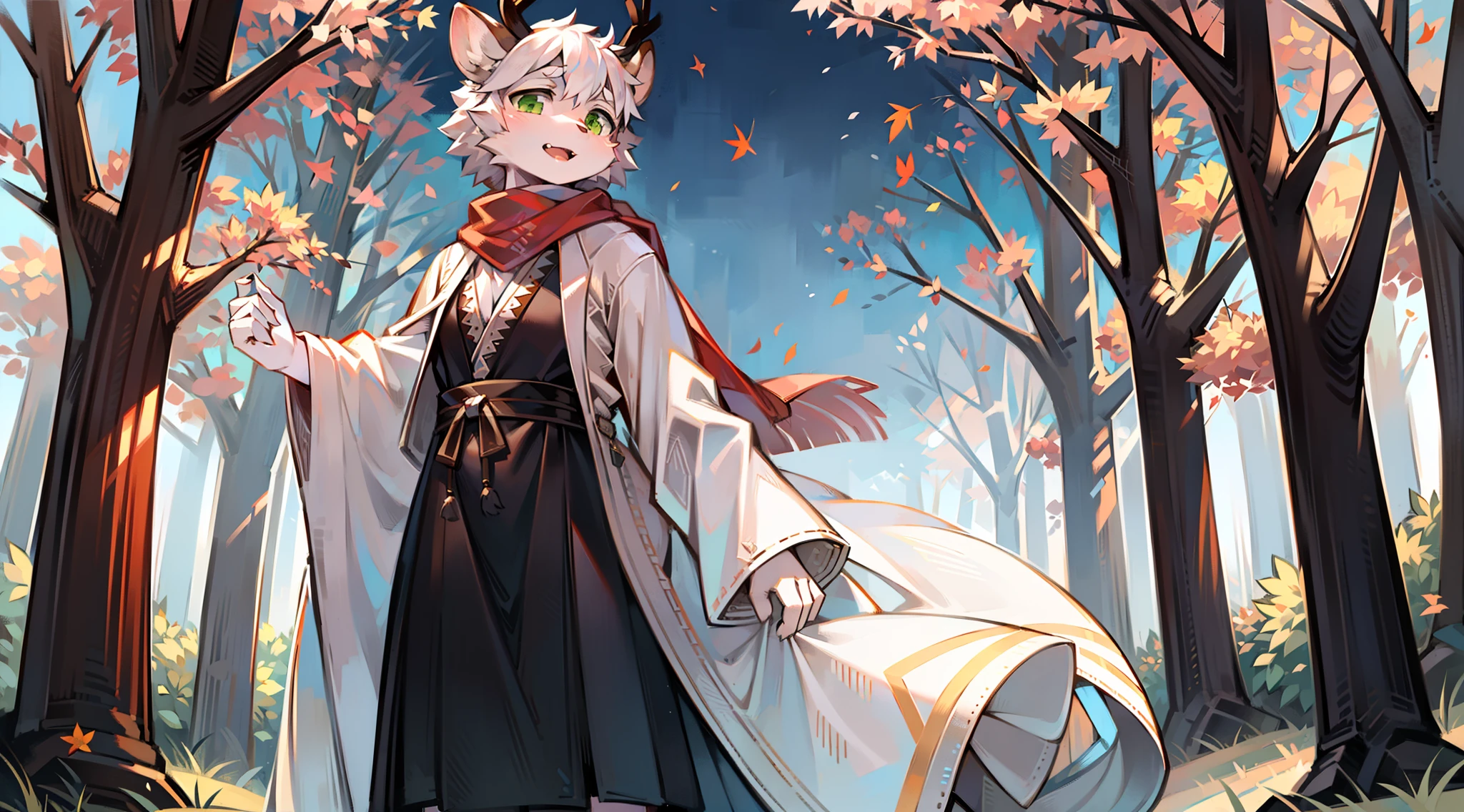 A white deer,long white robe,White hooded coat,In the woods,围巾,flowing robe,A scarf covers the mouth,Beast too,adolable,Flowing scarf,Floating maple leaves,face to the viewer,autumnal,maple trees,Green eyes