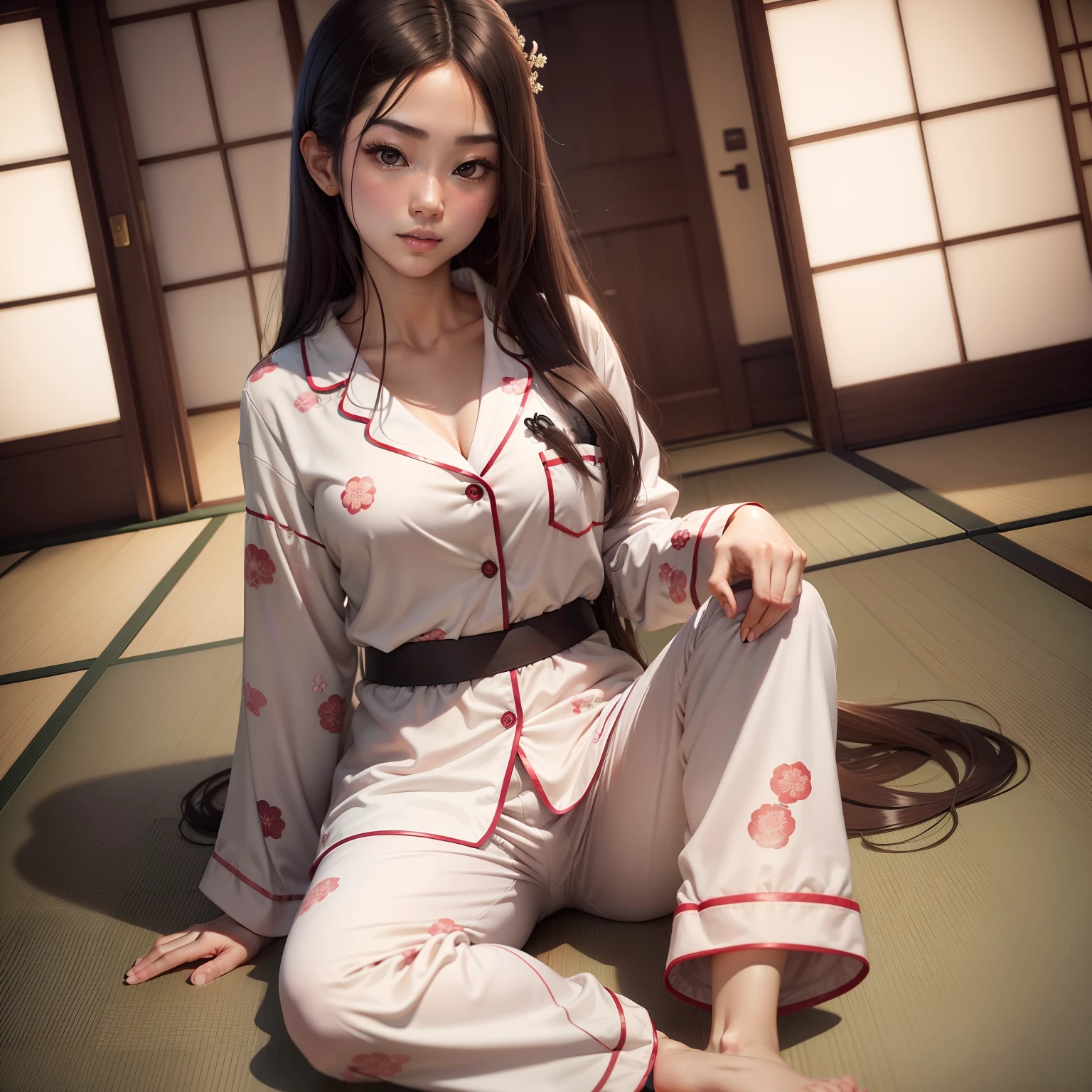 Araffe asian woman in a kimono sitting on the floor - SeaArt AI