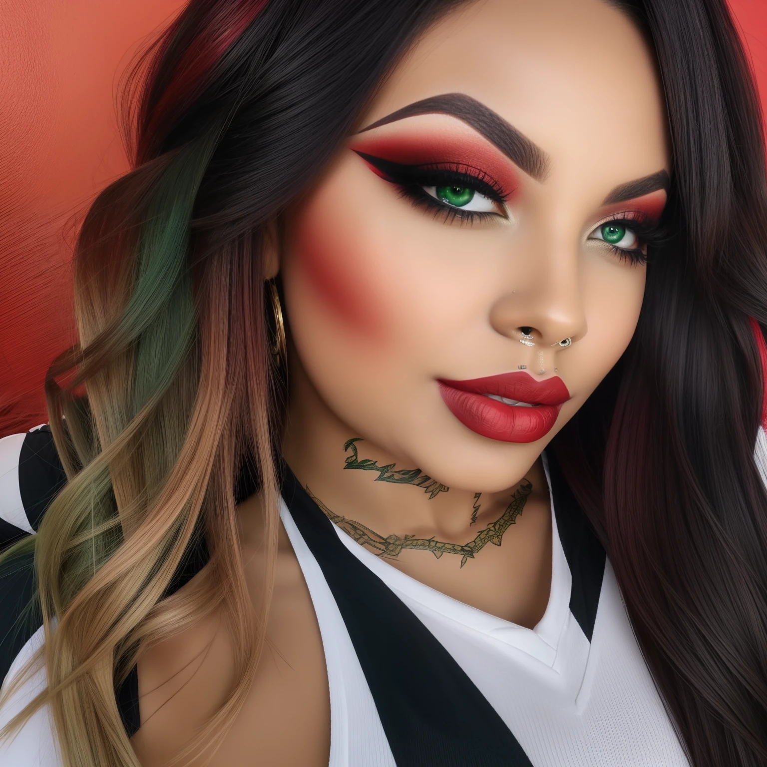 Uma mulher linda no Instagram, de cabelos negros e olhos verdes claros, with fleshy lips painted with red lipstick seductive look, camiseta branca