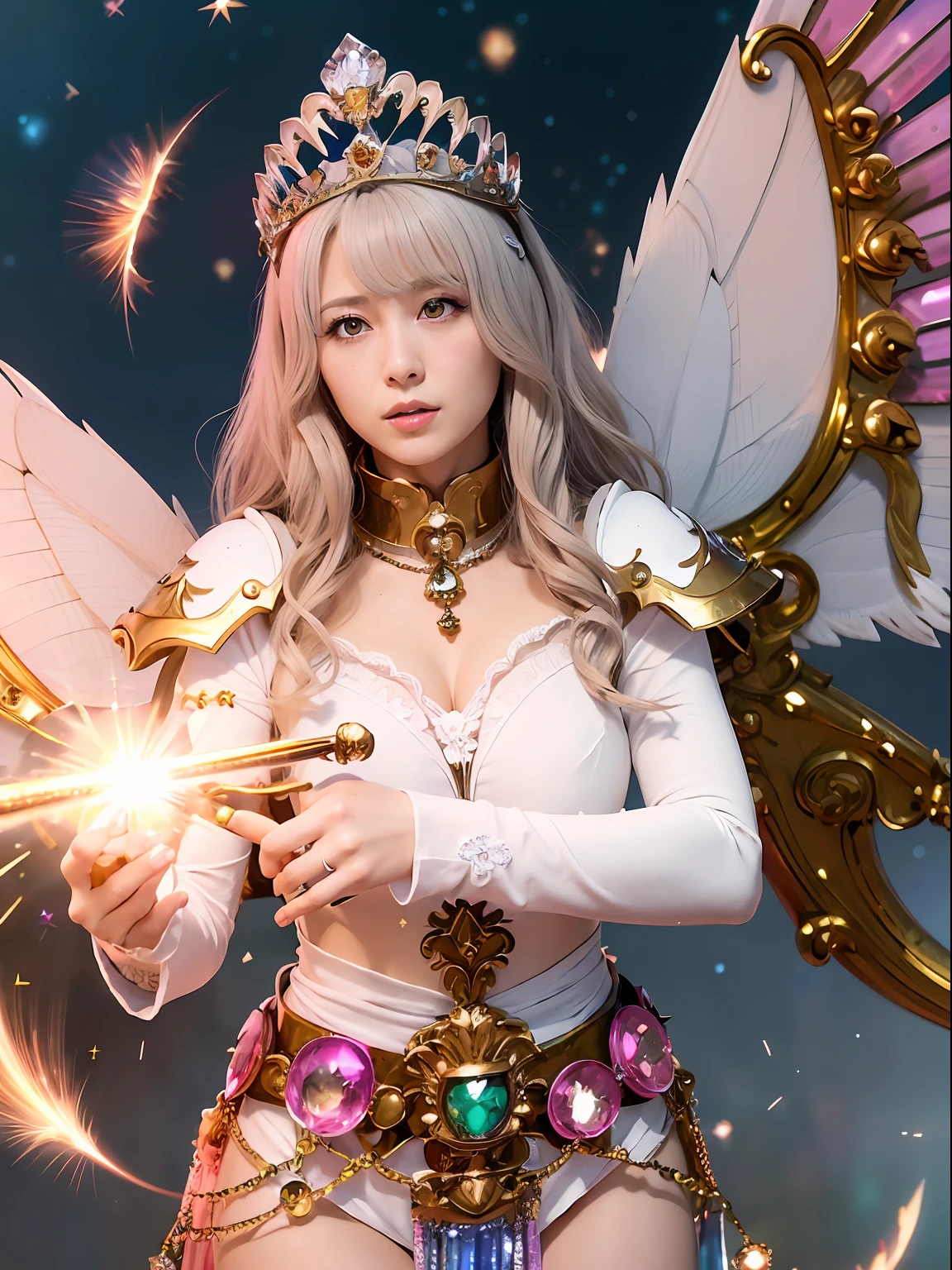 (masutepiece), Professional , ​masterpiece、top-quality、photos realistic , depth of fields （Gemstone Silver Metal Body:1.９),(Matt W White Pink、Jewel Gold Weapon、（Gorgeous castle background）、（ultimate beauty girl）、（Rainbow fairy wings grow）、Particles of light、（Metal body of iridescent gemstones:1.９),Gorgeous Jewel Metal Weapons , Detailed Sword of the Brave ,（ a blond）   ,warhammer 40k , adepta sororitas,Detail and ornate jewel crown、独奏、Brown hair、（Gangle's forest background）、Beautiful Caucasian beauty、１a person、dynamic ungle,(((Diamond tiara with detail and luxury)))、a small face、Powerful poses、（Gorgeous castle background）、huge filesize、20 year old beautiful woman、Stand in the center of the screen、Thin female fingers、Straight long hair、Beautiful Caucasian beauty、（maikurobikini）、Hair fluttering in the wind、face forwards、Look at viewers、