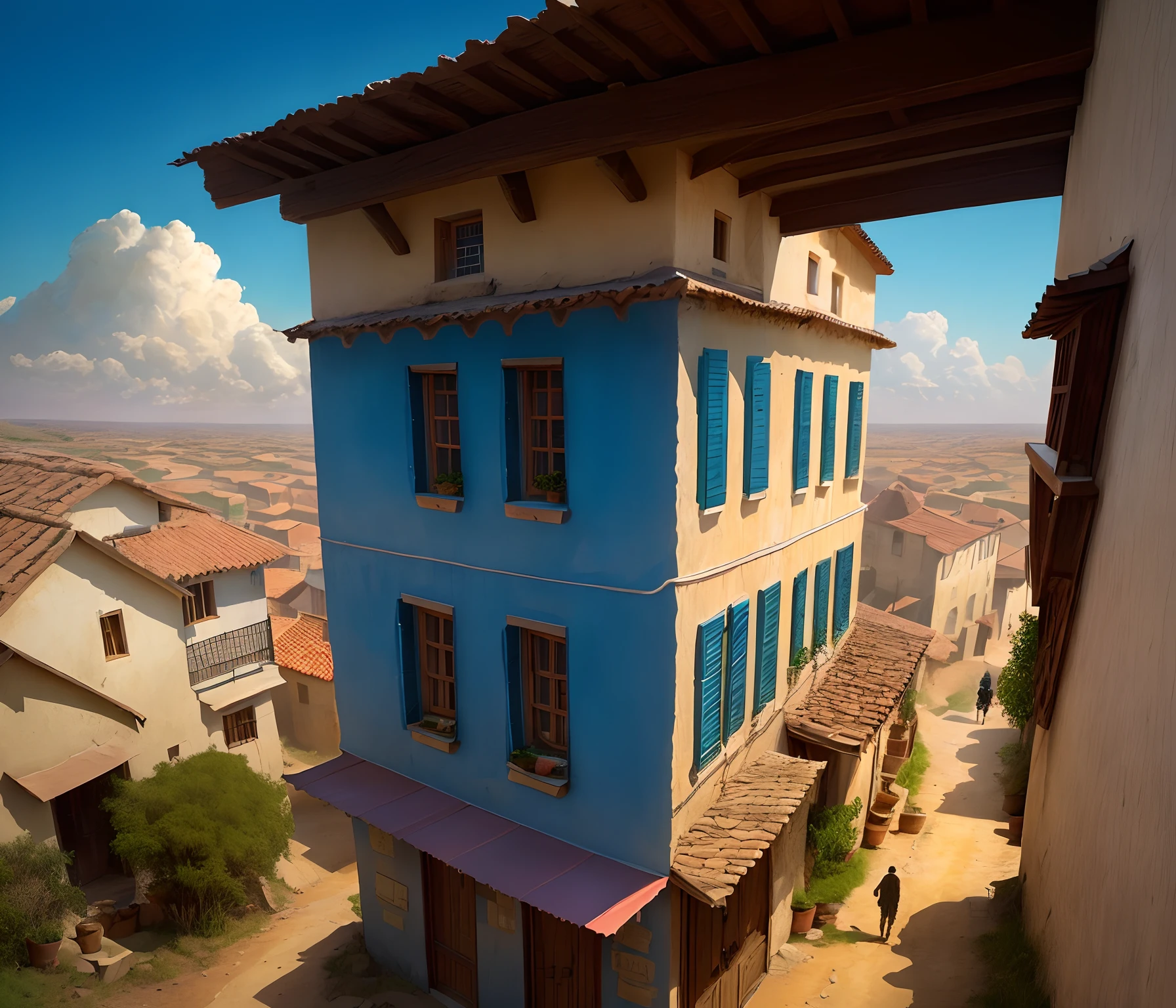 wide and spacious ravine, dry and dusty weather, beautiful clouds in the blue sky, tiny one-floor houses carved into the walls of the ravine, people walking around the village, steep and flat walls reaching the sky