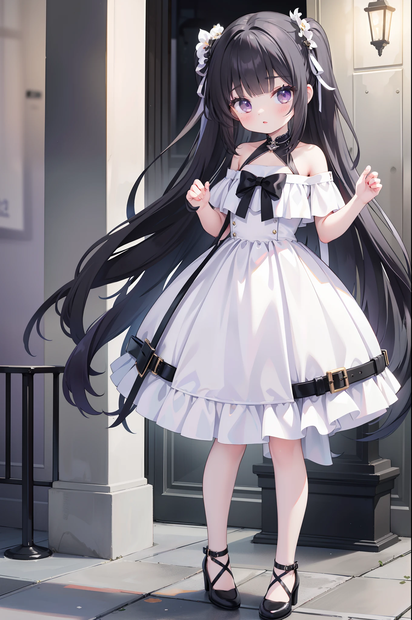Front photography standing girl with off-the-shoulder front short back long white wedding dress black small leather shoes lilac eyes black long hair