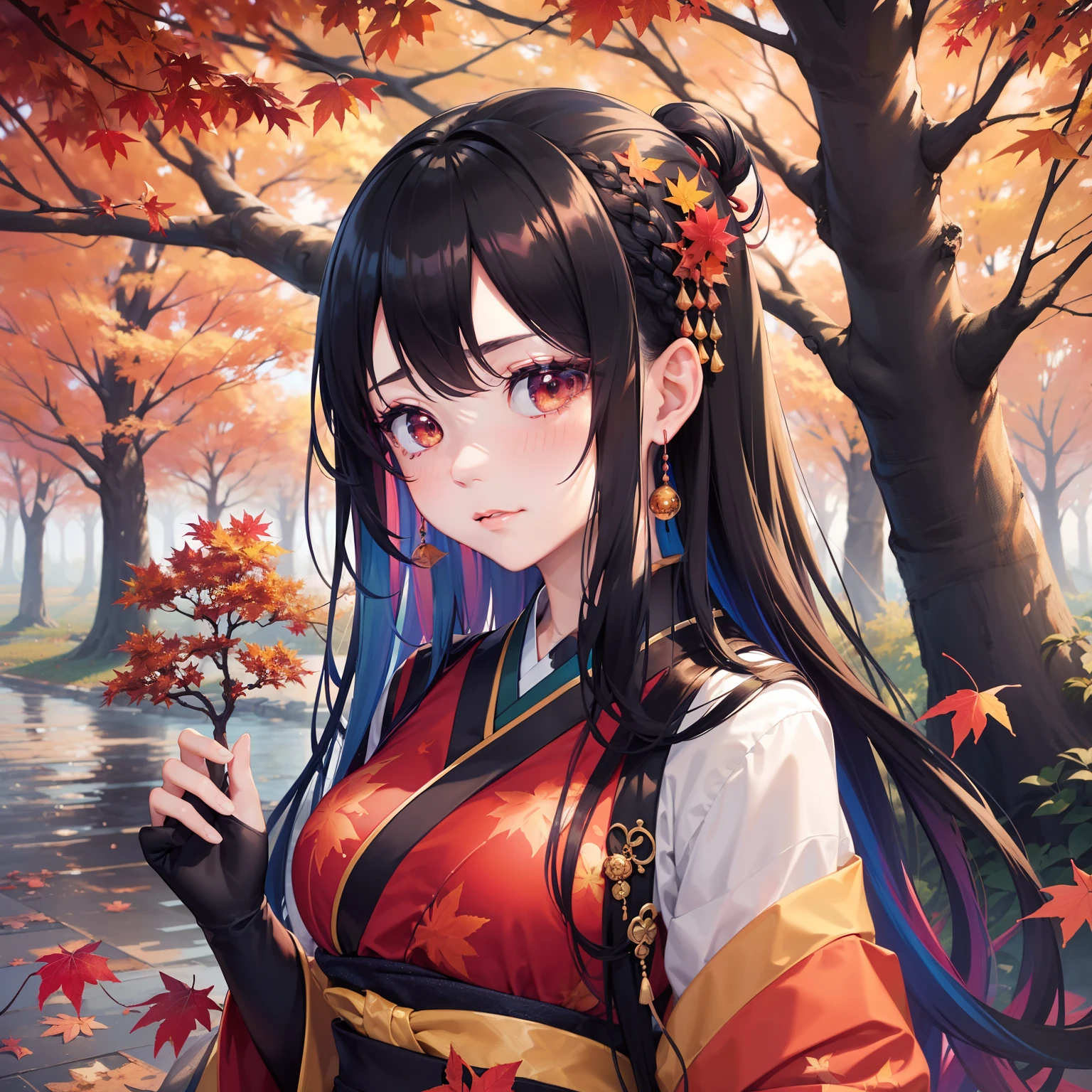 (Beautifully Aesthetic:1.2)、(1girl in:1.3)、(Colorful hair of black and red color:1.2)、Eau、liquids、natta、colourfull、Beautiful sunset、Fantastical、Large tree with autumn leaves、Many autumn leaves are dancing、Japanese dress、sad Facial expression、