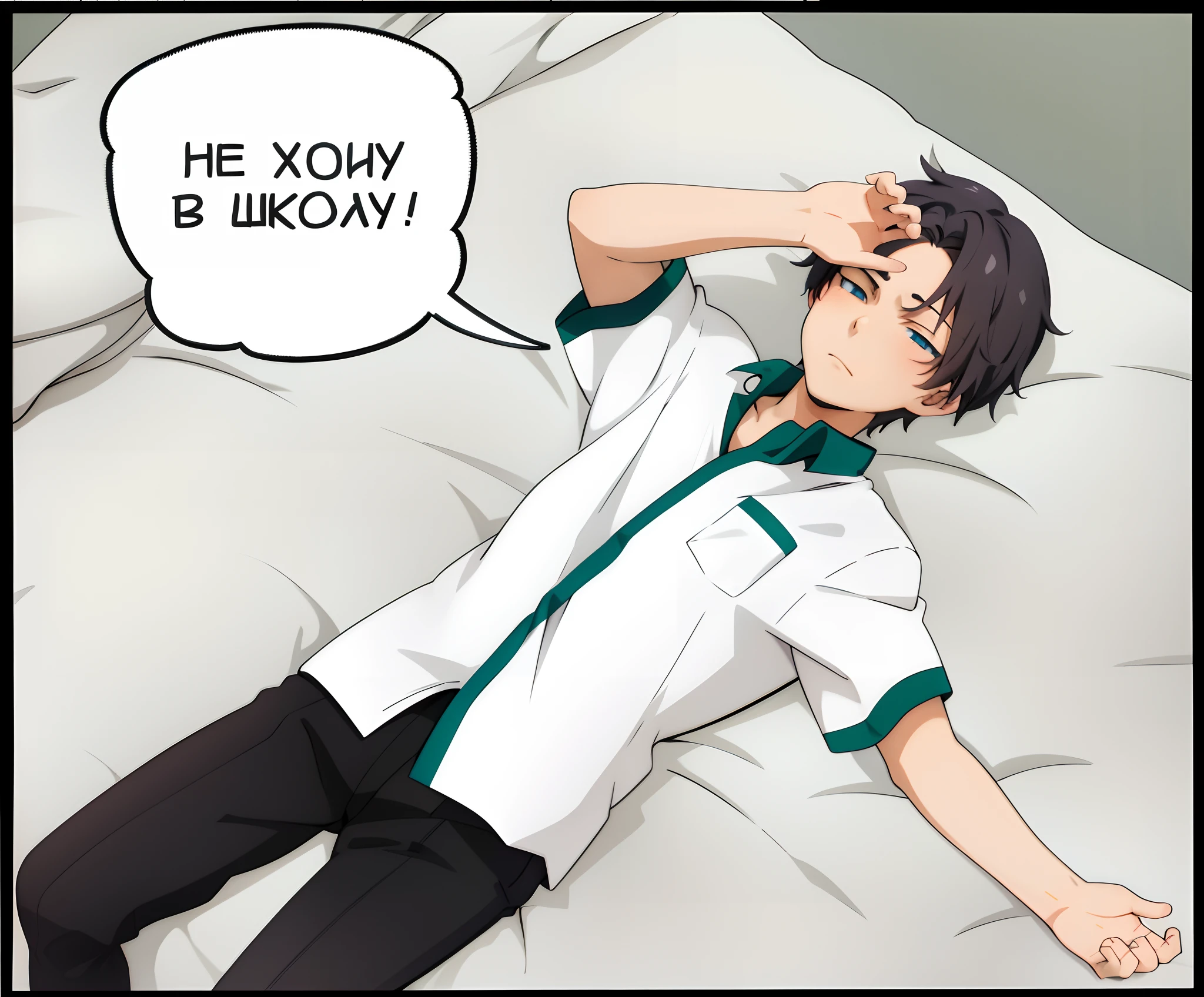 Anime boy, lying on the bed with a speech bubble above your head, leonid, at pixiv, comiс style, in anime style, Koyoharu Gotouge, in anime style, Shinkai Makoto, rye. comic style, nikolay, yaoi, bishounen, siberia!!, [ forgetful ], Manga style
