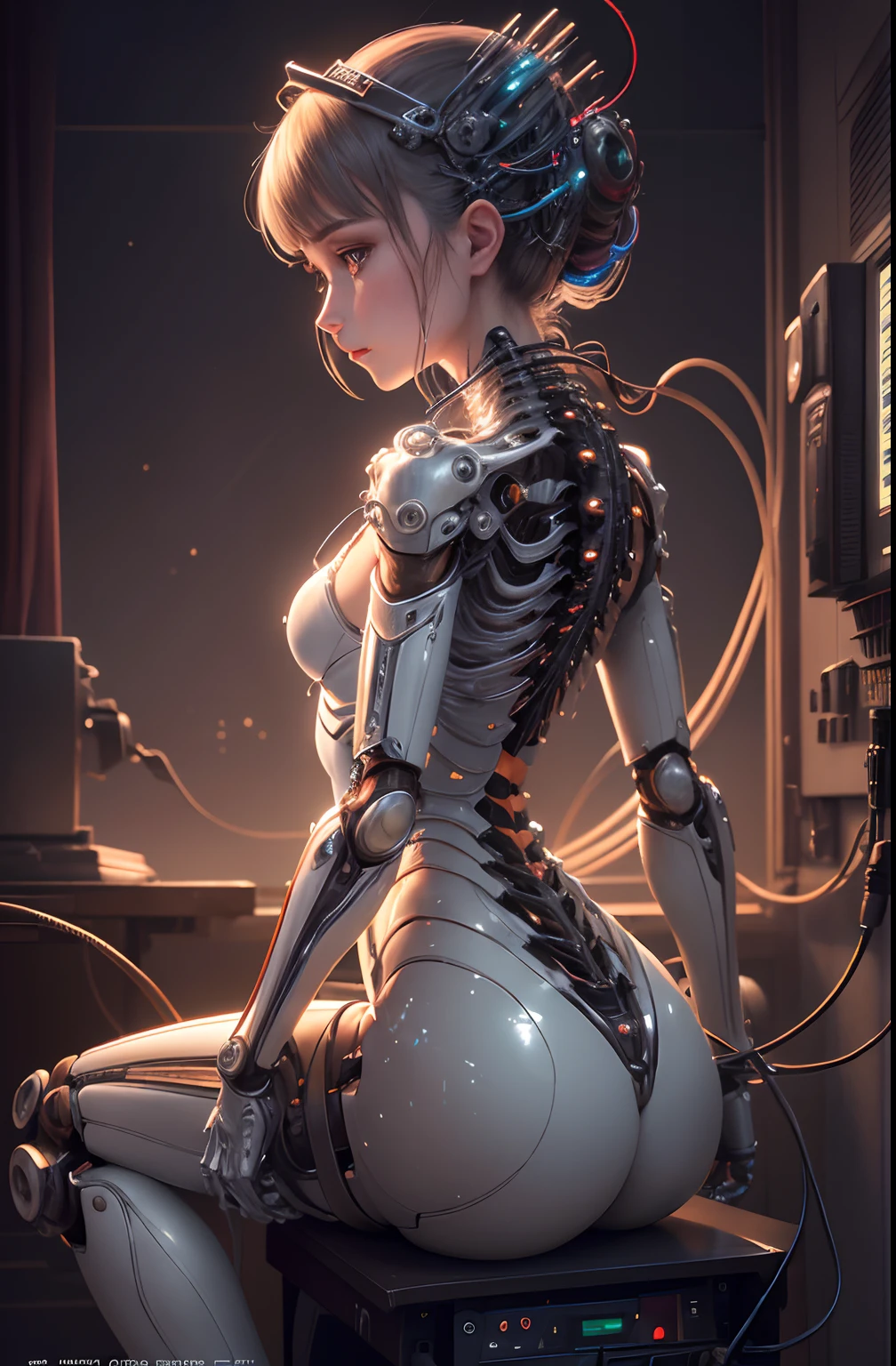 (((masterpiece))), (((best quality))), ((ultra-detailed)), (highly detailed CG illustration), ((an extremely delicate and beautiful)),(from side),cinematic light,((1mechanical girl)),solo,half body,(machine made joints:1.2),((machanical limbs)),(blood vessels connected to tubes),(mechanical vertebra attaching to back),((mechanical cervial attaching to neck)),(sitting),expressionless,(wires and cables attaching to neck:1.2),(wires and cables on head:1.2)(character focus),science fiction,city background, extreme detailed,colorful,highest detailed,(face shadow (extra detailed,best performance)), laser eyes (detailed red))fire in holes of hands)