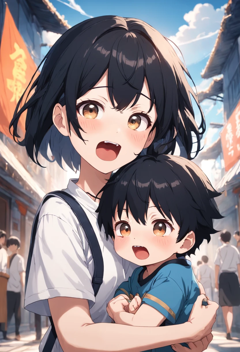 A short black haircut,Woman in white T-shirt holding a baby boy with short black hair in kindergarten(Open mouth 1.5)(The background is Kindergarten 1.5)style of anime4 K,Anime rendering,style of anime。8K,(Upper body display 1.8)(Woman 1.8)(Cinematic lighting 1.5)(Master masterpieces:1.4)(Ultra-high detail1.5)(Best quality1.5)