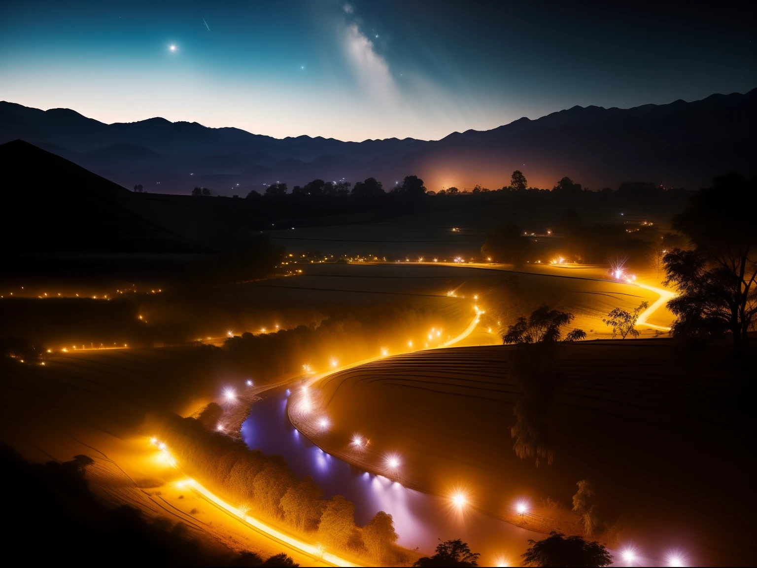 A rural night，((ember:1.2)，(female pervert:1.2))Huddle tightly in the cornfield，The starry sky is brilliant，Small rivers gurgling，Secluded and romantic。