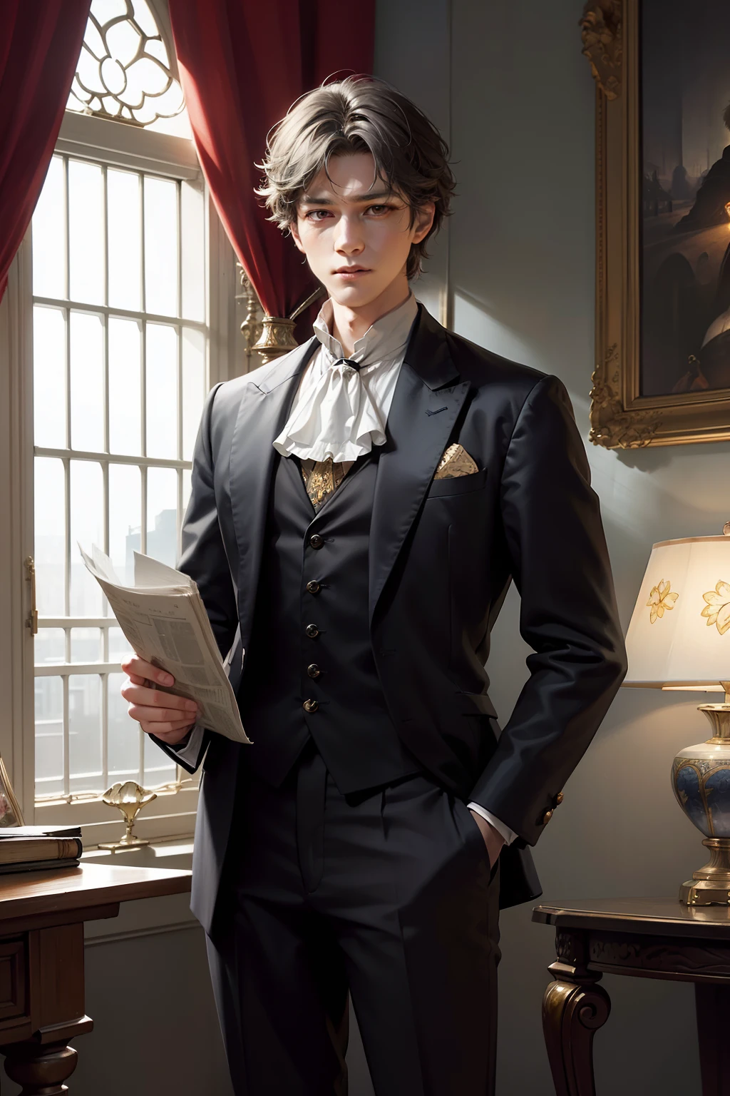 Young aristocrat, (((ember))), stands next to the table, in the hands of a newspaper, sporty figure, broad shoulders and narrow hips, A man in a rich suit, neckerchief with brooch, (((gray eyes, narrow lips and straight nose, Powerful chin))), On the table is a vase of flowers and a book, Behind the back is a floor lamp and a large window to the floor, the night, soft moonlight and light from lamps, Rembrandt's World, Detail art, Lots of details and intricate patterns, Cover of love fantasy, in full height