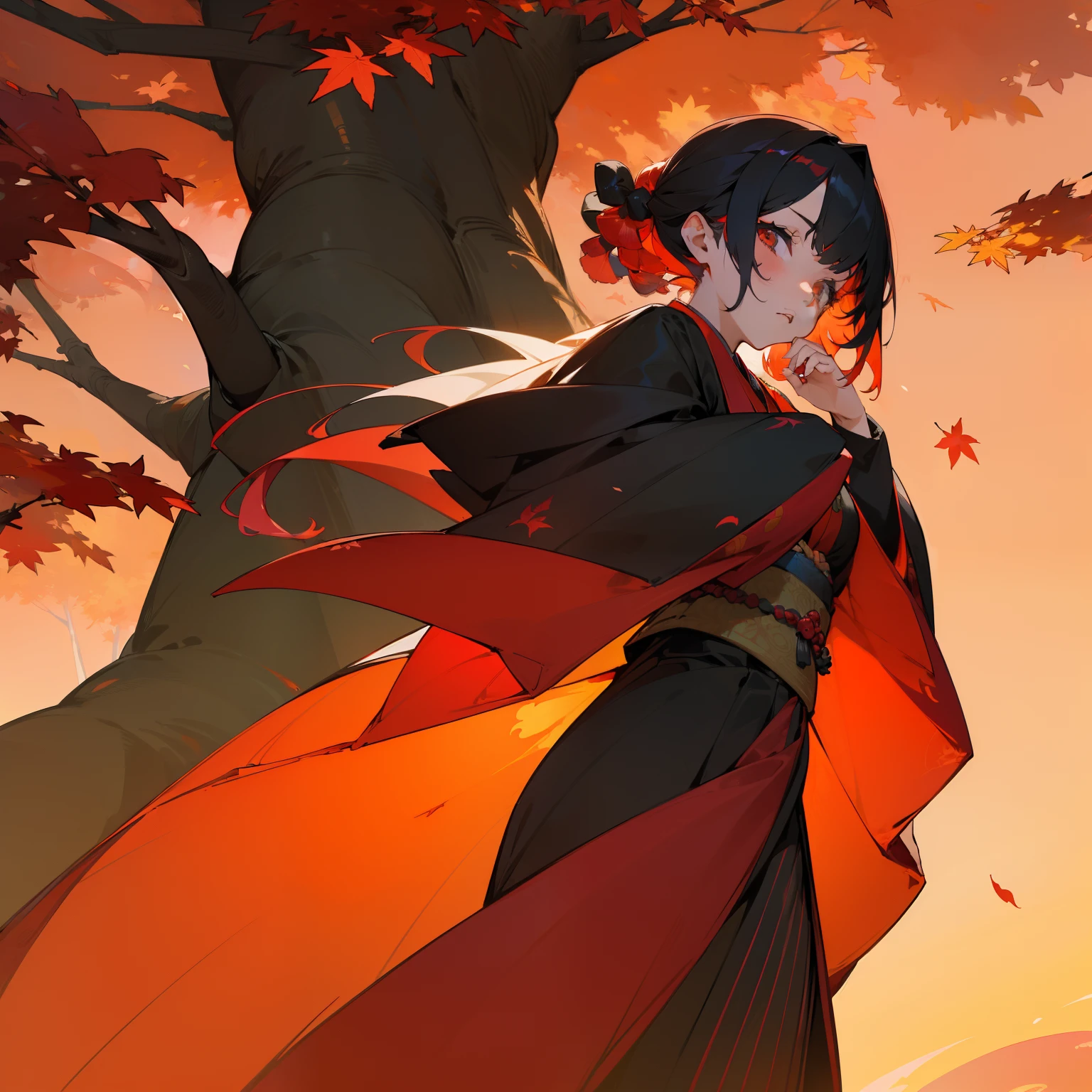 (Beautifully Aesthetic:1.2)、(1girl in:1.3)、(Colorful hair of black and red color:1.2)、colourfull、Beautiful sunset、Fantastical、Large tree with autumn leaves、Lots of autumn leaves、Japanese dress、sad Facial expression、