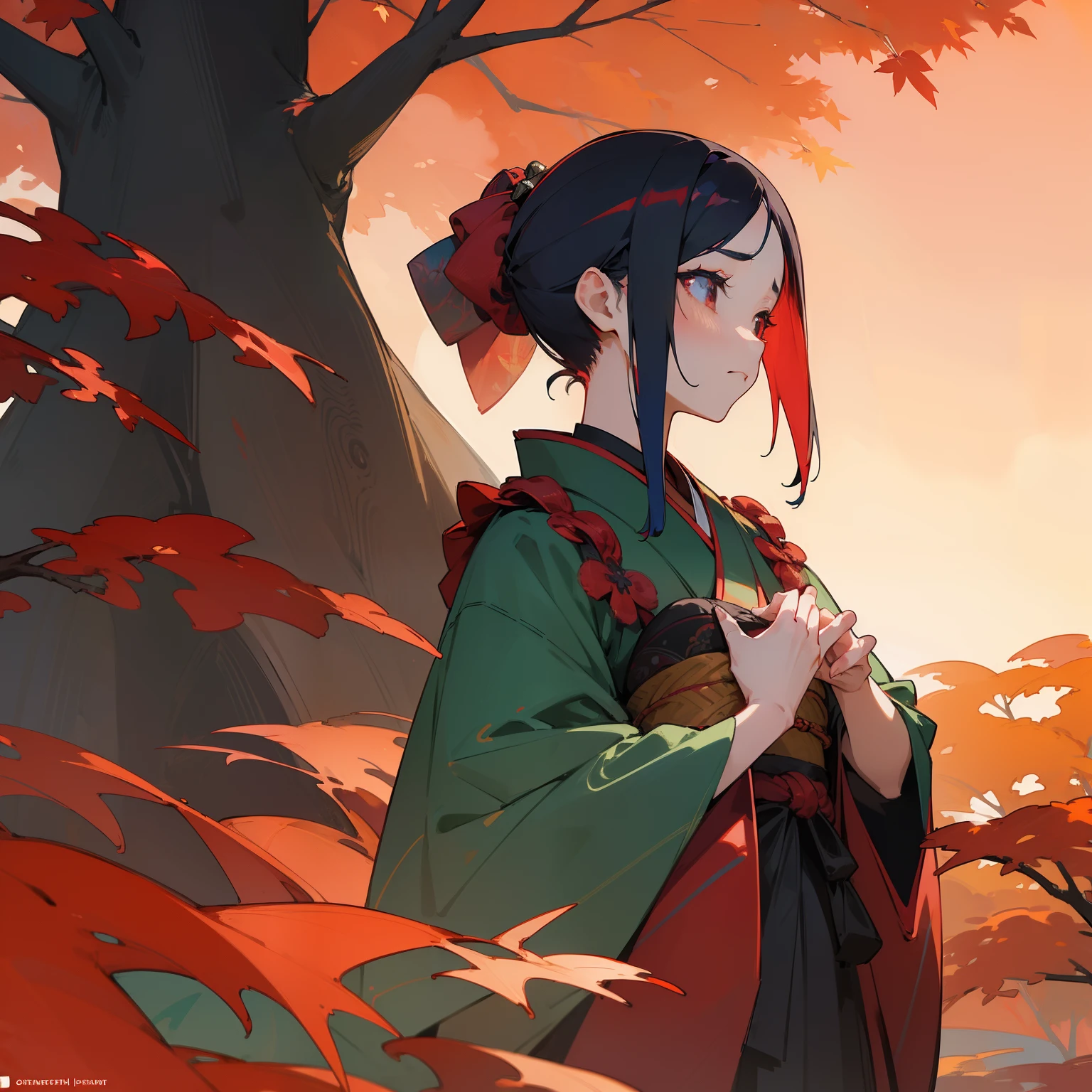 (Beautifully Aesthetic:1.2)、(1girl in:1.3)、(Colorful hair of black and red color:1.2)、colourfull、Beautiful sunset、Fantastical、Large tree with autumn leaves、Lots of autumn leaves、Japanese dress、sad Facial expression、