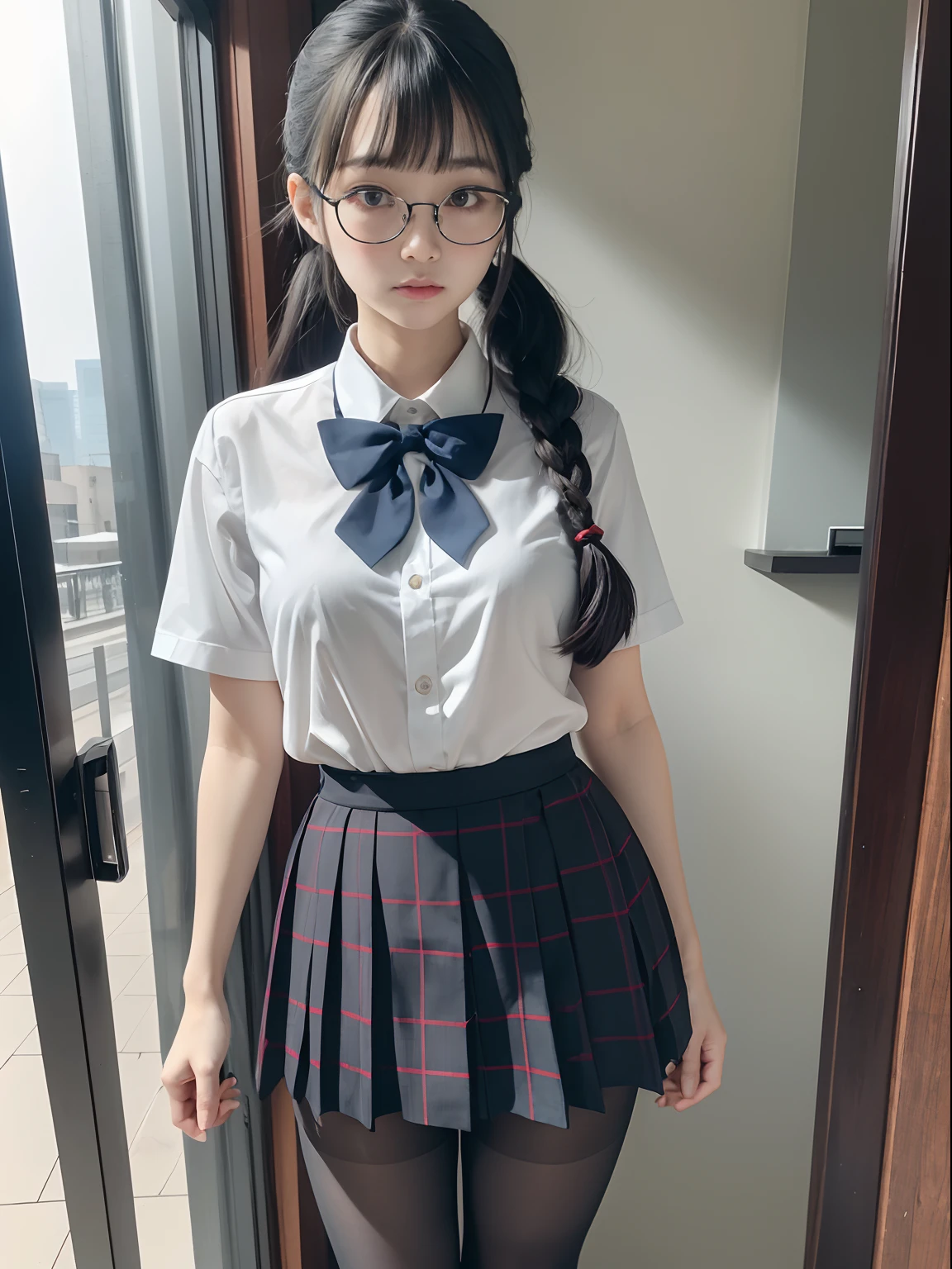 (Long ponytail),(Underwear is visible),（8K、Raw photography、top-quality、​masterpiece：1.2),pigeon chest,glamor,Chromo-white skin,cocky,School,watching at viewers,Looking at the front,Muchimuchi,High-pitched clothing,Erotic,Pupils,de pele branca,kne,((Black pantyhose)),absurderes,a small face,,Forehead visible,Bangs hanging from the left and right sides of the forehead,(a cold expression,Tight eyes,glares,Bullish,irate)、​masterpiece,top-quality、超A high resolution,Raw photo,ren,Beautiful fece,One Person, 独奏,eye glass,,Dark look,Small breasts,fullllbody,Round glasses,JK school uniform,hi-school girl,A Japanese Lady,is standing,（Photorealsitic：1.37）、Photon mapping,Realistic、Beautie,Cute little face,Brown-eyed、Black socks、(Red bow tie)、Radio City、Physically Based Rendering、depth of fields、Blurry background、a picture,Body,beauty legs, Long legs, Thin leg,(Bangs are visible), hair, s lips, Blue_The eye, nosesoft,(Light blue shirt), (Navy and blue and white plaid pleated skirt), Knees are visible,Sheer clothing,, Thigh, Black cotton socks,Nogizaka Idol, 女優, Japanese ido