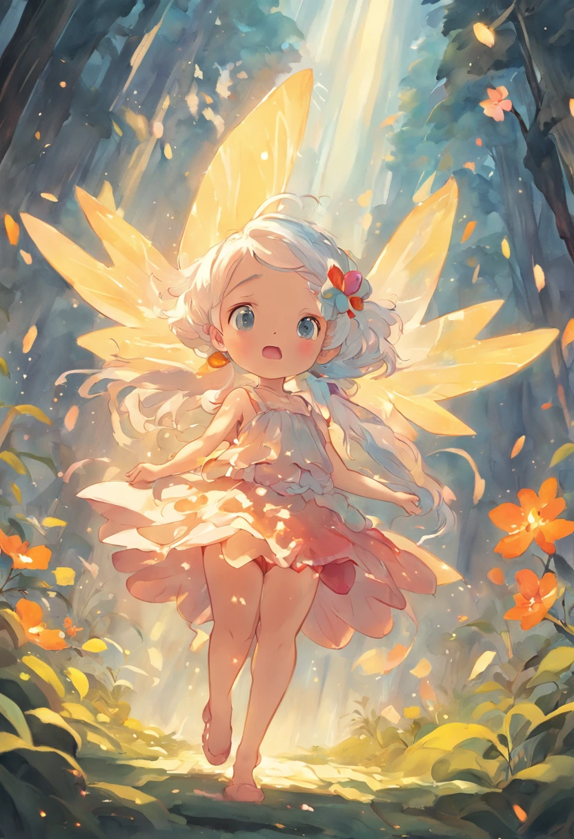 illustration,Fine lines,The lines are accurate,ln the forest,night moon,Mini cute 3 flower fairy, Chubby toot,Skirt made of petals,Huge flowers,Colorful colorful,Transparent colorful wings, Magic wand,closeup cleavage,Light attenuation,Glow effects,depth of fields,high light,Real light,Ray traching,oc rendered,Hyper-realistic,best qualtiy,8K,Works of masters,super-fine,Detailed pubic hair,Correct anatomy,sharp focus on eyes,Bokeh,Facial features are carefully depicted,in style of hayao miyazaki,Miyazaki animation style