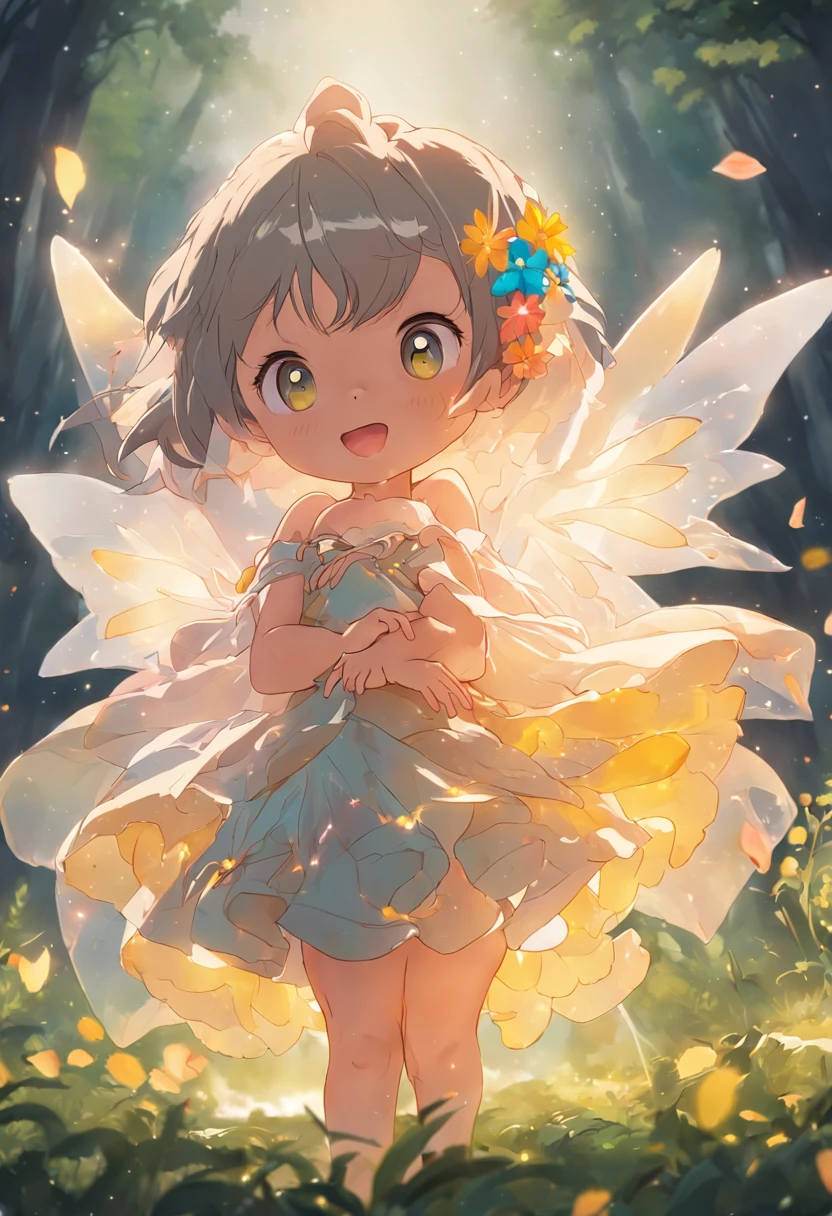 ln the forest,night moon,Mini cute 3 flower fairy, Chubby toot,Skirt made of petals,Huge flowers,Colorful colorful,Transparent colorful wings, Magic wand,closeup cleavage,Light attenuation,Glow effects,depth of fields,high light,Real light,Ray traching,oc rendered,Hyper-realistic,best qualtiy,8K,Works of masters,super-fine,Detailed pubic hair,Correct anatomy,sharp focus on eyes,Bokeh,Facial features are carefully depicted,in style of hayao miyazaki,Miyazaki animation style
