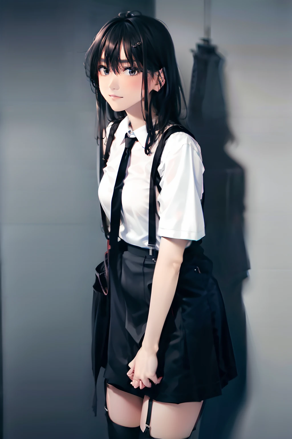 a black skirt, neck tie, Tank Tops　suspenders, Long Black Hair, Gray eyes, holster, Garter belt on the legs, , Moderately breasts, Pichi Pichi clothes, both sides　deadpan　Behind