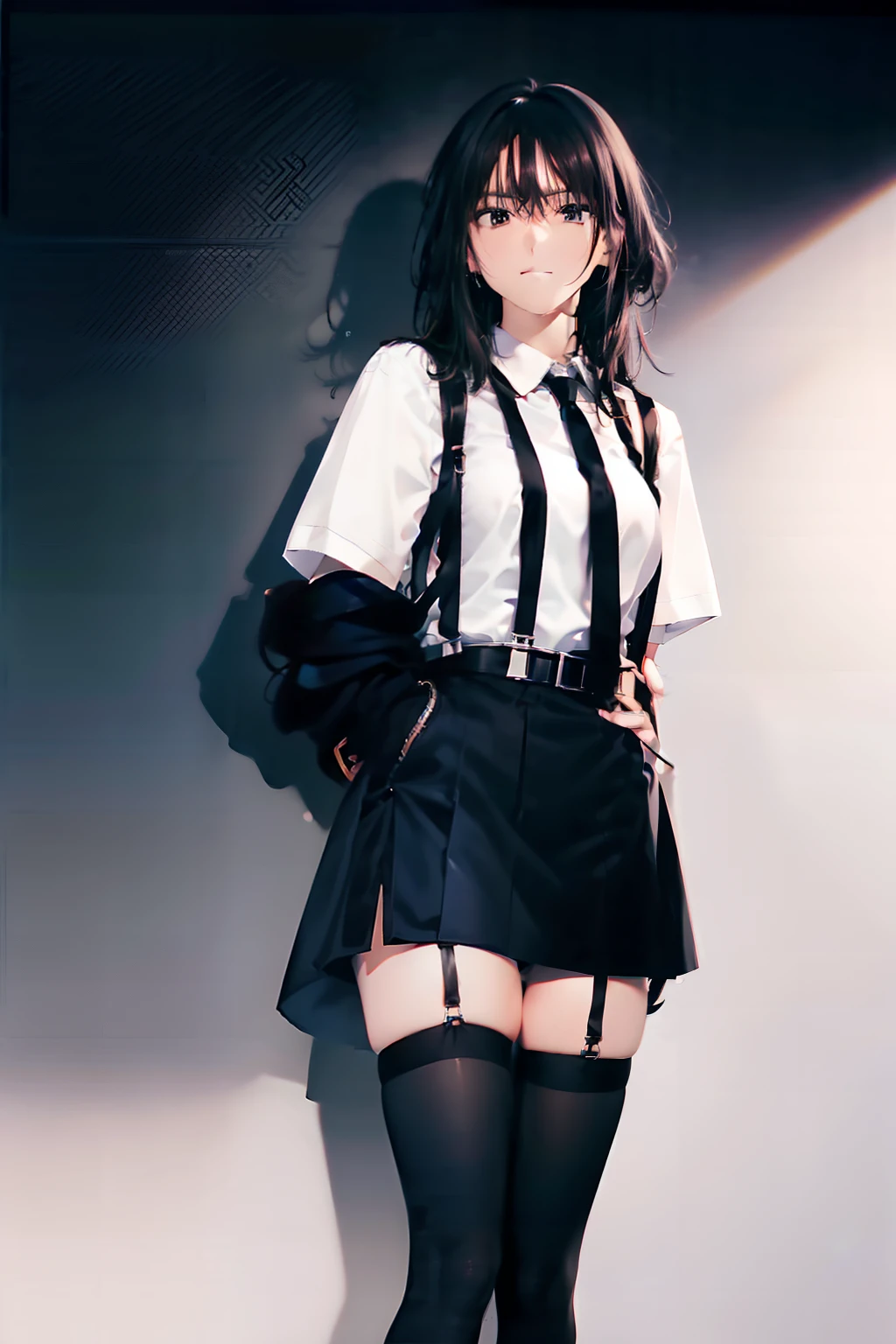 a black skirt, neck tie, Tank Tops suspenders, Long Black Hair, Gray eyes, holster, Garter belt on the legs, , Moderately breasts, Pichi Pichi clothes, both sides deadpan Behind
