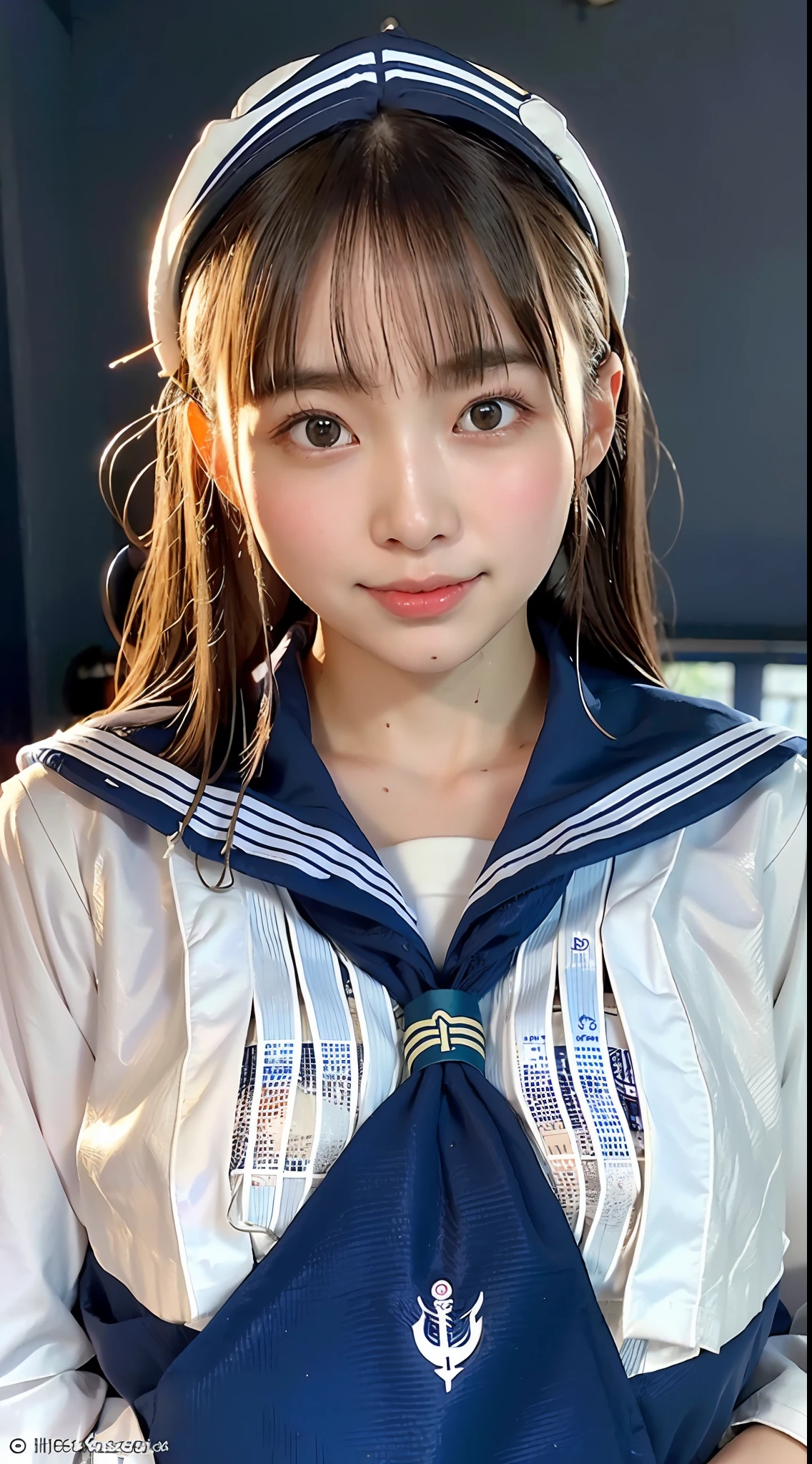 ulzzang -6500-v1.1, (Raw foto:1.2), (Photorealsitic:1.4), a beautiful detailed girl, extremely detailed eye and face, beatiful detailed eyes、ighly detailed, top-quality, [​masterpiece:1.6], finely detail, Cinematographic lighting, (1girl in)、17 age、(perfect body type:1.5)、[ultra gigantic tits、Incredibly large breasts、heavy breasts、J-Cup:1.8]、(Sweating and getting wet)、[sexual excitement:1.4]、(High school students、Japan schoolgirl uniform、White blouses:1.6)、(dynamicposes:1.3)、big eye