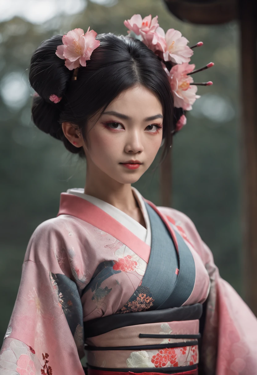 Combines the beauty of Japanese culture with a futuristic cyberpunk aesthetic，In a unique costume design. Explore this concept with pictures or text, It incorporates traditional Japanese elements such as kimono, Cherry blossom pattern, Neat layout and advanced technology, neonlight, and mechanical elements