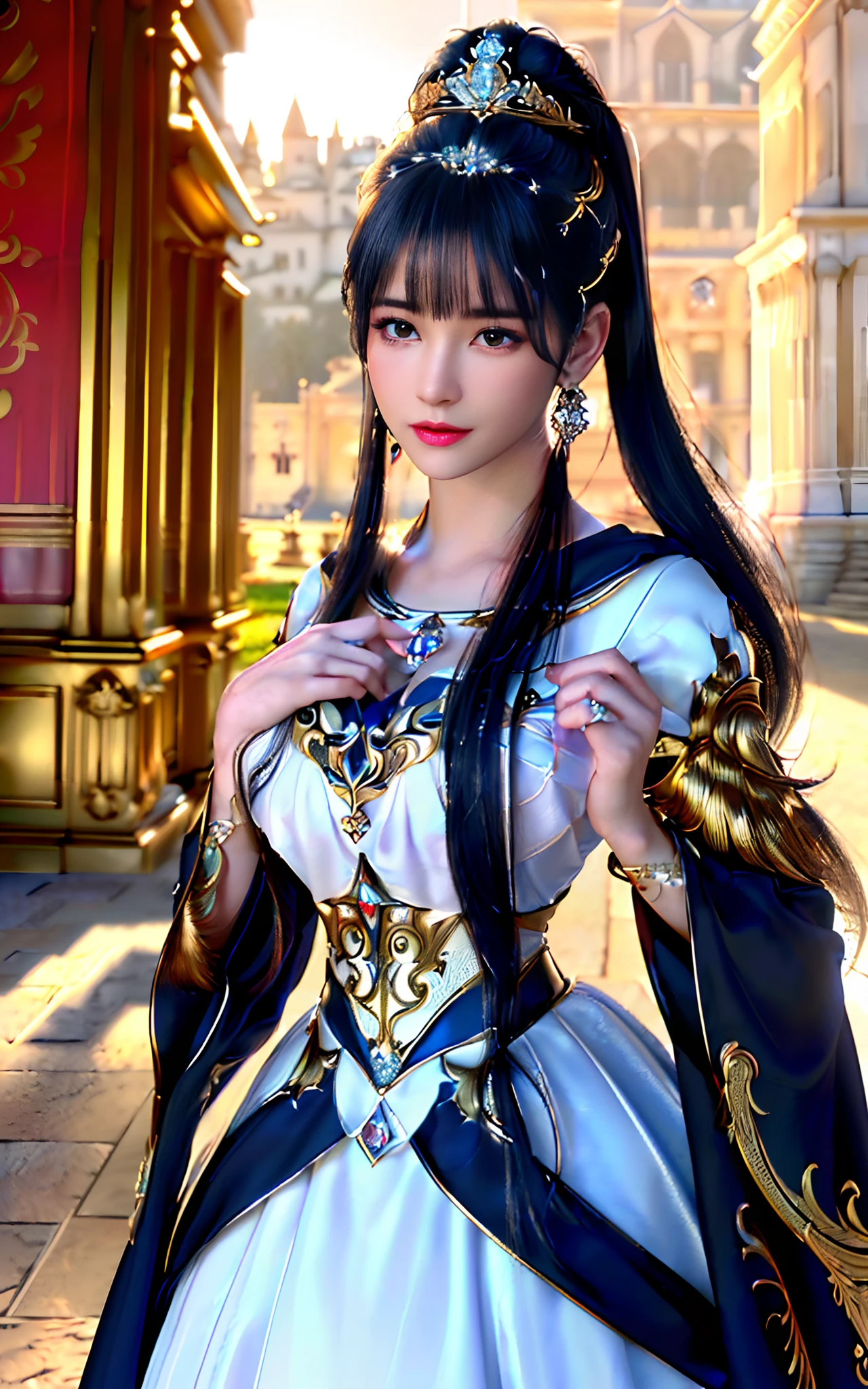 ((Realisticity: 1.2)), ((Realistic: 8K Ultra HD)), ((Best resolution: 8K Ultra HD)), ultra - detailed, Best quality,Masterpiece,A high resolution,CG, ((1 girl super detailed,Super realistic) ) , ((Beautiful Queen, Ultra-realistic and ultra-detailed)),((White skin, Beautiful, smooth, Youthful, Ultra-realistic and ultra-detailed )), ((The face is super beautiful, White, Ultra-realistic and ultra-detailed ) ), Long hair, ((Ultra-realistic and ultra-detailed dress)), Solo, ((Ultra photo realsisim, ultra beautiful, Beautiful and ultra-fine jewelry)), ((Super beautiful crimson and golden yellow dress, Ultra-realistic and ultra-detailed )) , ((She is beautiful, Ultra photo realsisim, Ultra-fine diamond-filled earrings)), ((Her gorgeous diamond hairstyle, Ultra-realistic and ultra-detailed)), ((Nice upper body, ultra beautiful, Ultra-realistic and ultra-detailed) ), ((Medium breast: 1.5)), ((Ultra photo realsisim, Super beautiful, Ultra-fine chest)), ((The background of the Royal Palace is very majestic, Ultra-realistic and ultra-detailed)),((The hands and palms are super beautiful, ultra - detailed, Ultra photo realsisim)), ((Super beautiful, Super beautiful, Ultra-realistic and ultra-detailed bun)), ((Super beautiful , Ultra-realistic and ultra-detailed blue hair)), candid, Photo, high resolution, 8K , Bokeh,