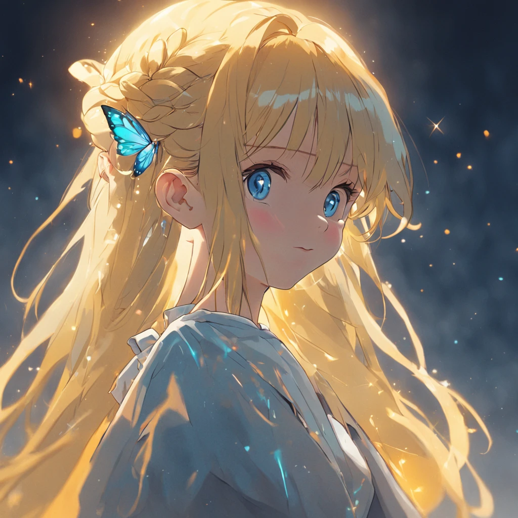 Shine in the light and shadow,A girl with a diamond color appears in the picture。She has long yellow hair,Slightly glowing blue eyes。She wears a pair of cute twisted braids,There are also a few small butterfly hair ornaments on the head。On one side of her hairstyle are elegant bangs,Wear a bandeau-style outfit,The skirt of the front short and the back length dances。She stepped on delicate diamond heels,A pair of diamonds spread out on the back,Exudes dazzling brilliance。She smiled with confidence,The picture details are perfectly rendered。